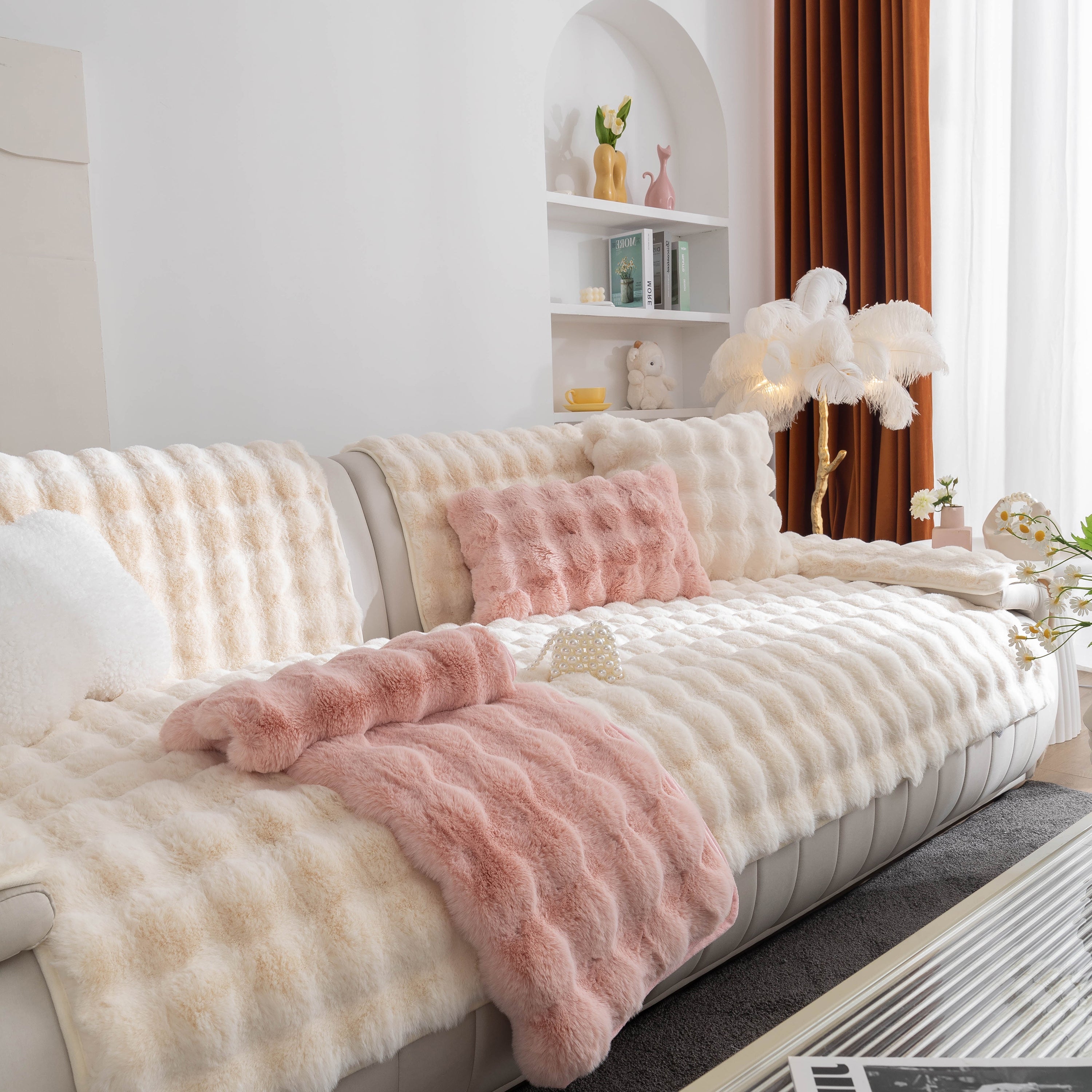 Thick Sofa Cushion Solid Color Faux Fur Fluffy Sofa Cushion Non-slip Couch Covers