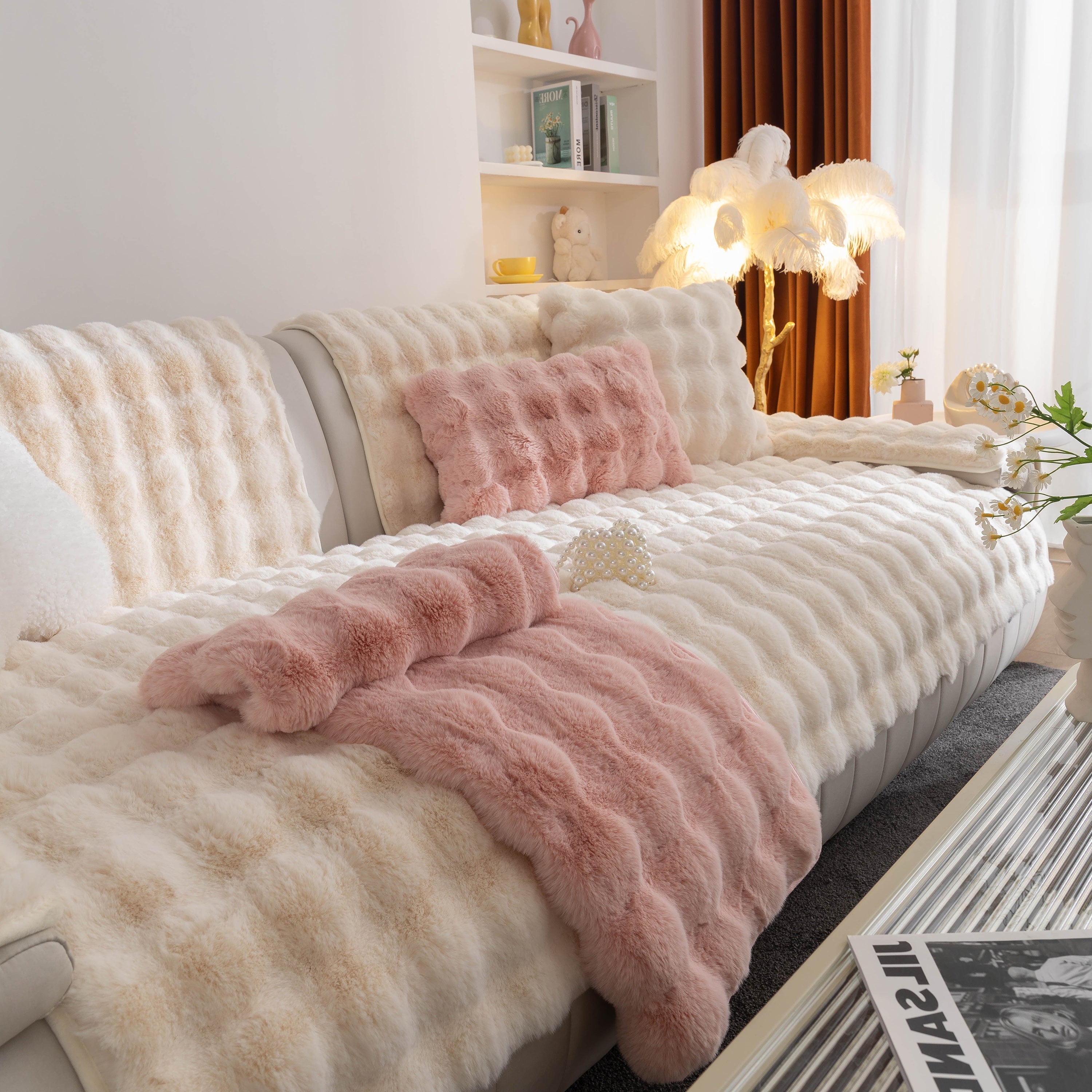 Thick Sofa Cushion Solid Color Faux Fur Fluffy Sofa Cushion Non-slip Couch Covers