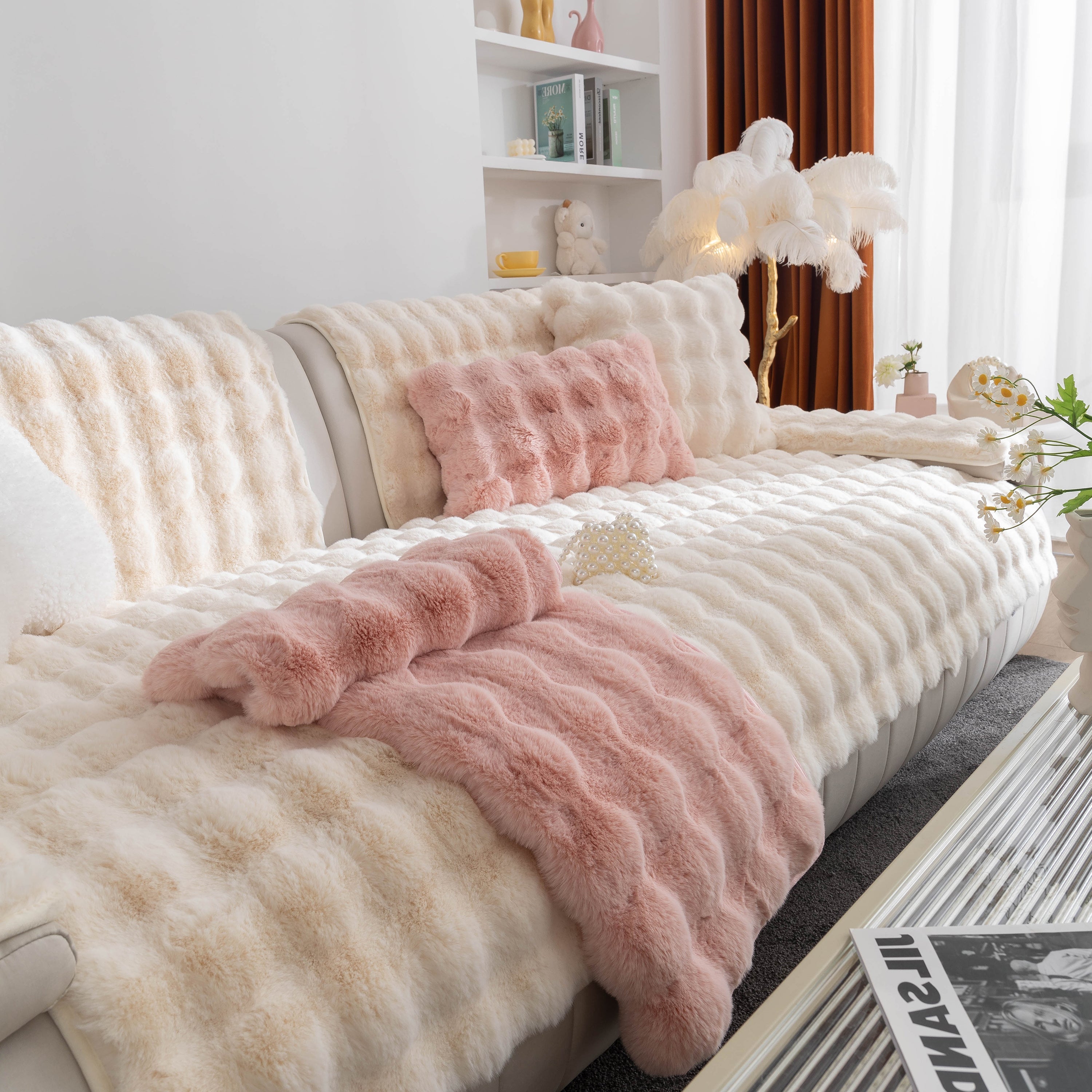Thick Sofa Cushion Solid Color Faux Fur Fluffy Sofa Cushion Non-slip Couch Covers