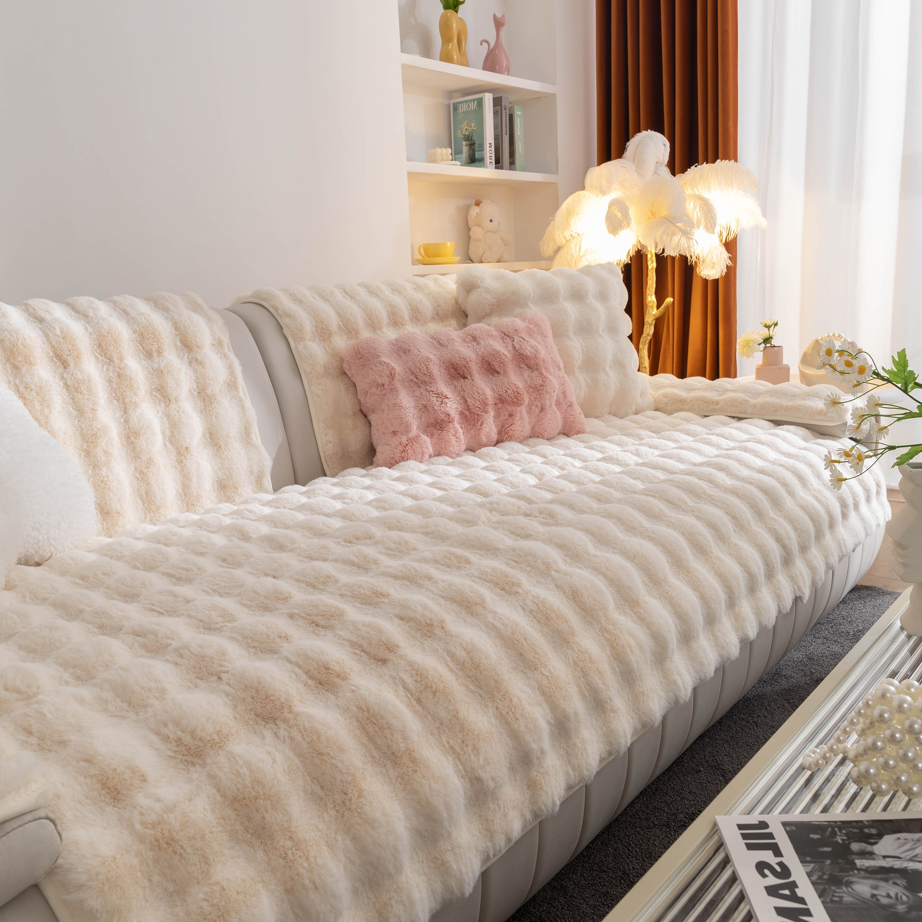 Thick Sofa Cushion Solid Color Faux Fur Fluffy Sofa Cushion Non-slip Couch Covers