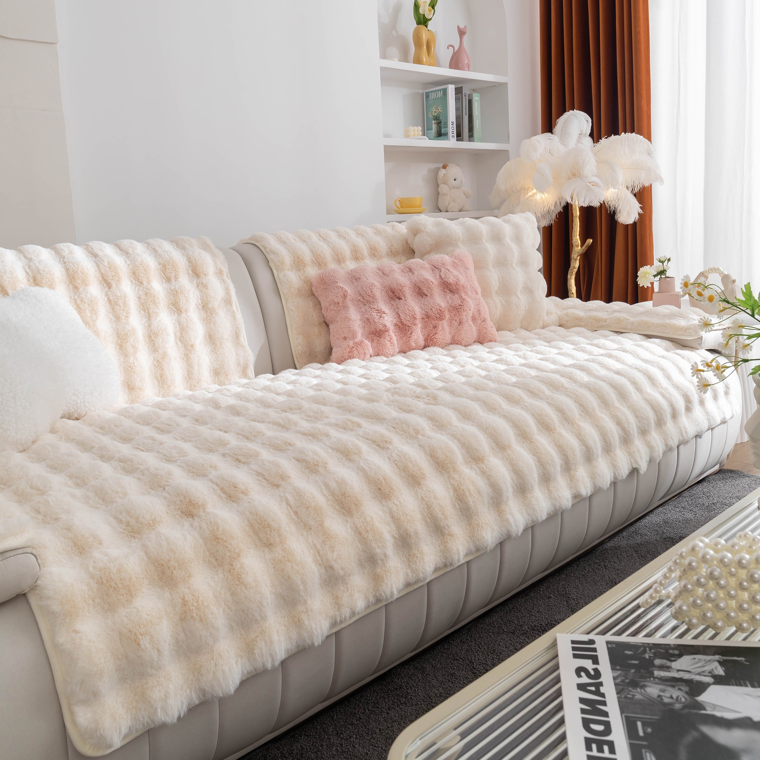 Thick Sofa Cushion Solid Color Faux Fur Fluffy Sofa Cushion Non-slip Couch Covers