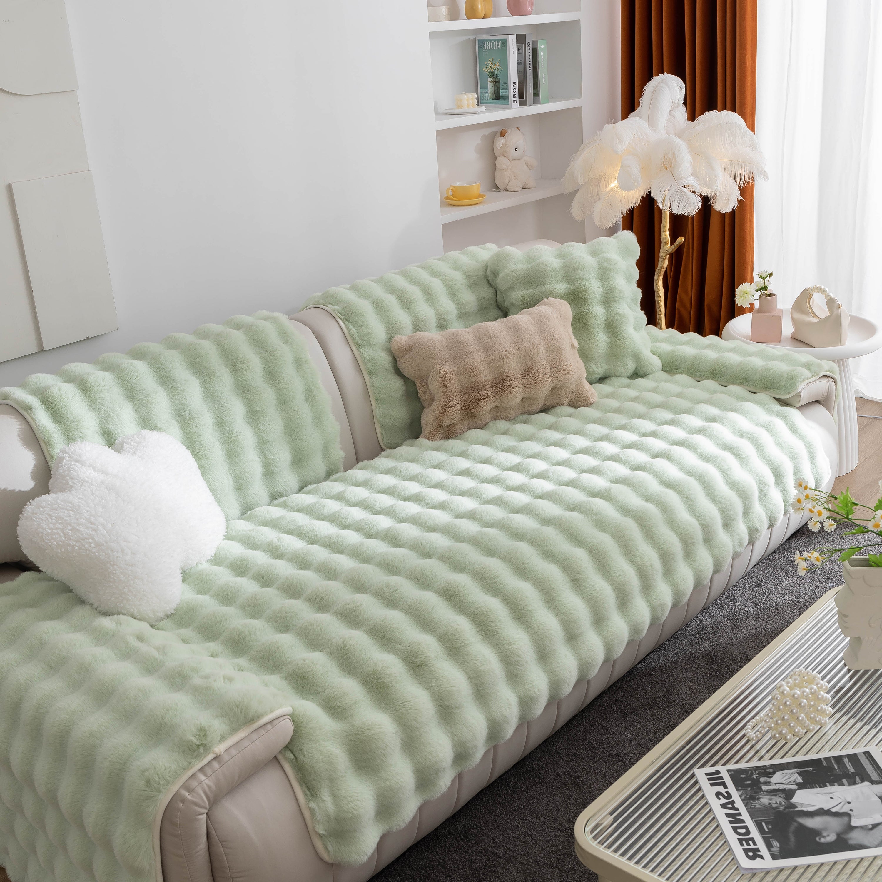 Thick Sofa Cushion Solid Color Faux Fur Fluffy Sofa Cushion Non-slip Couch Covers