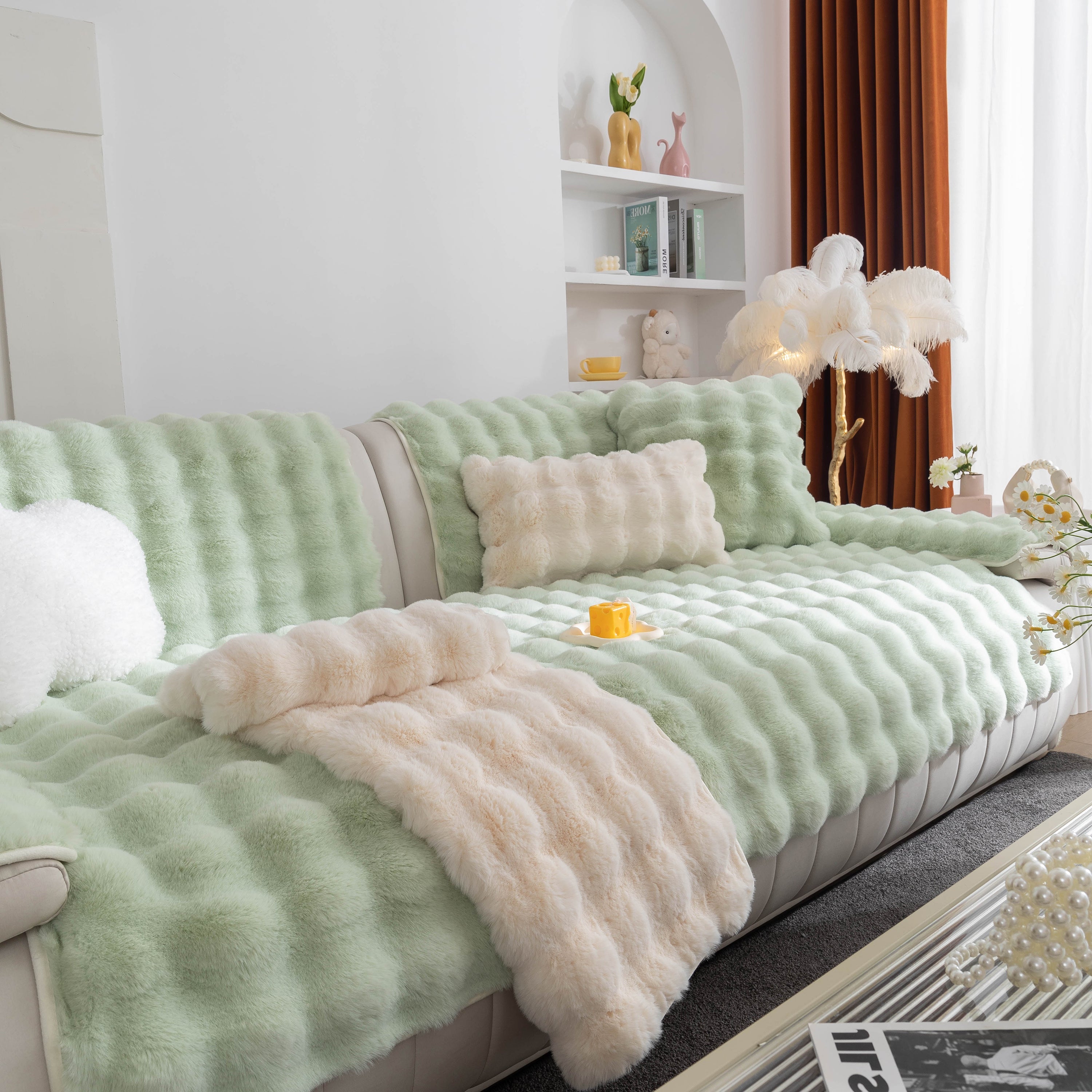 Thick Sofa Cushion Solid Color Faux Fur Fluffy Sofa Cushion Non-slip Couch Covers