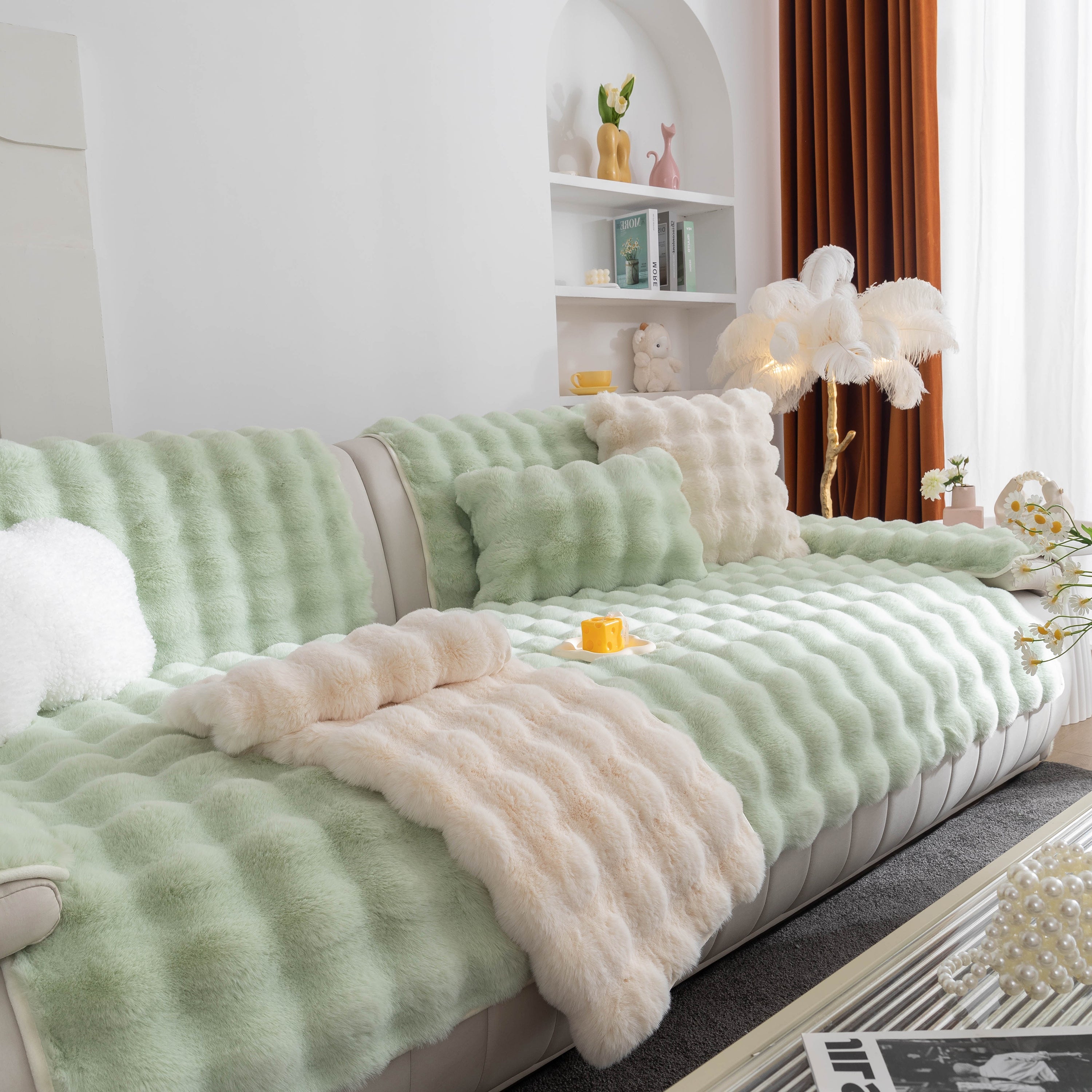 Thick Sofa Cushion Solid Color Faux Fur Fluffy Sofa Cushion Non-slip Couch Covers
