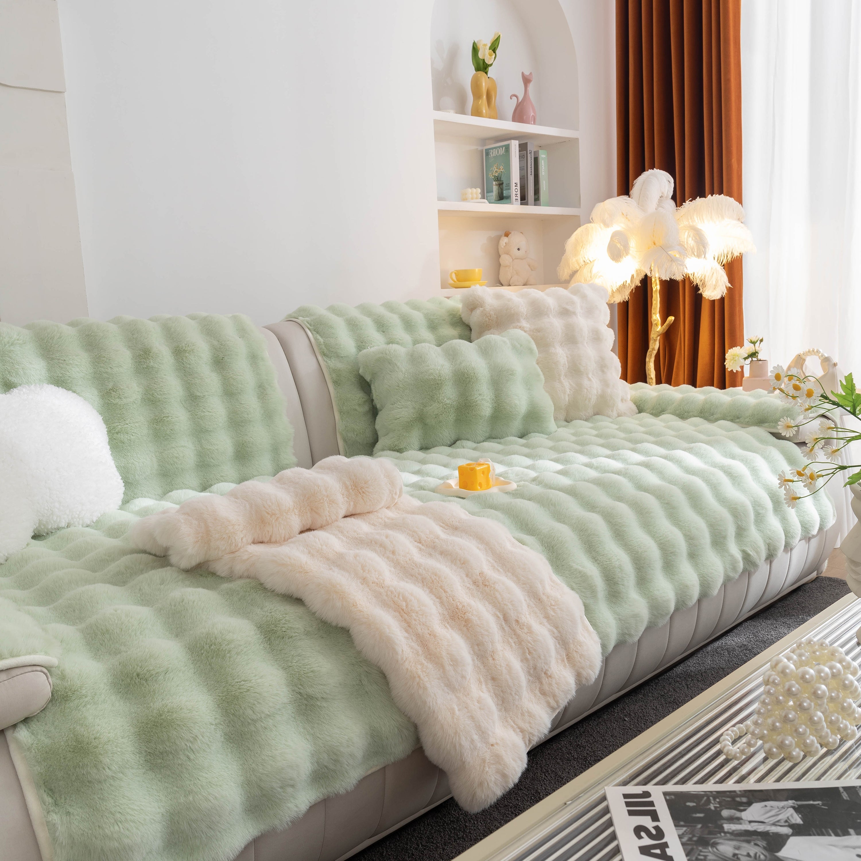 Thick Sofa Cushion Solid Color Faux Fur Fluffy Sofa Cushion Non-slip Couch Covers