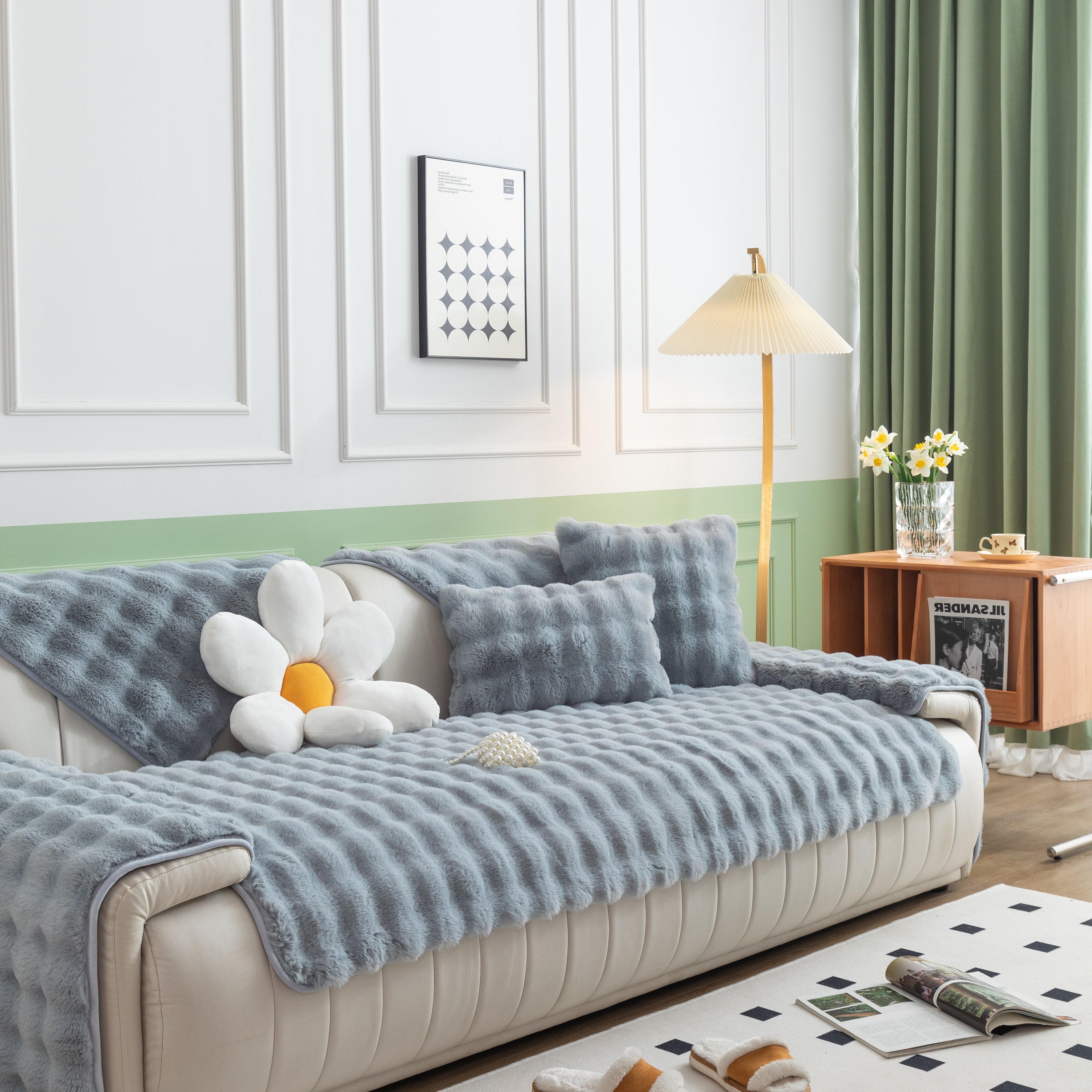 Thick Sofa Cushion Solid Color Faux Fur Fluffy Sofa Cushion Non-slip Couch Covers