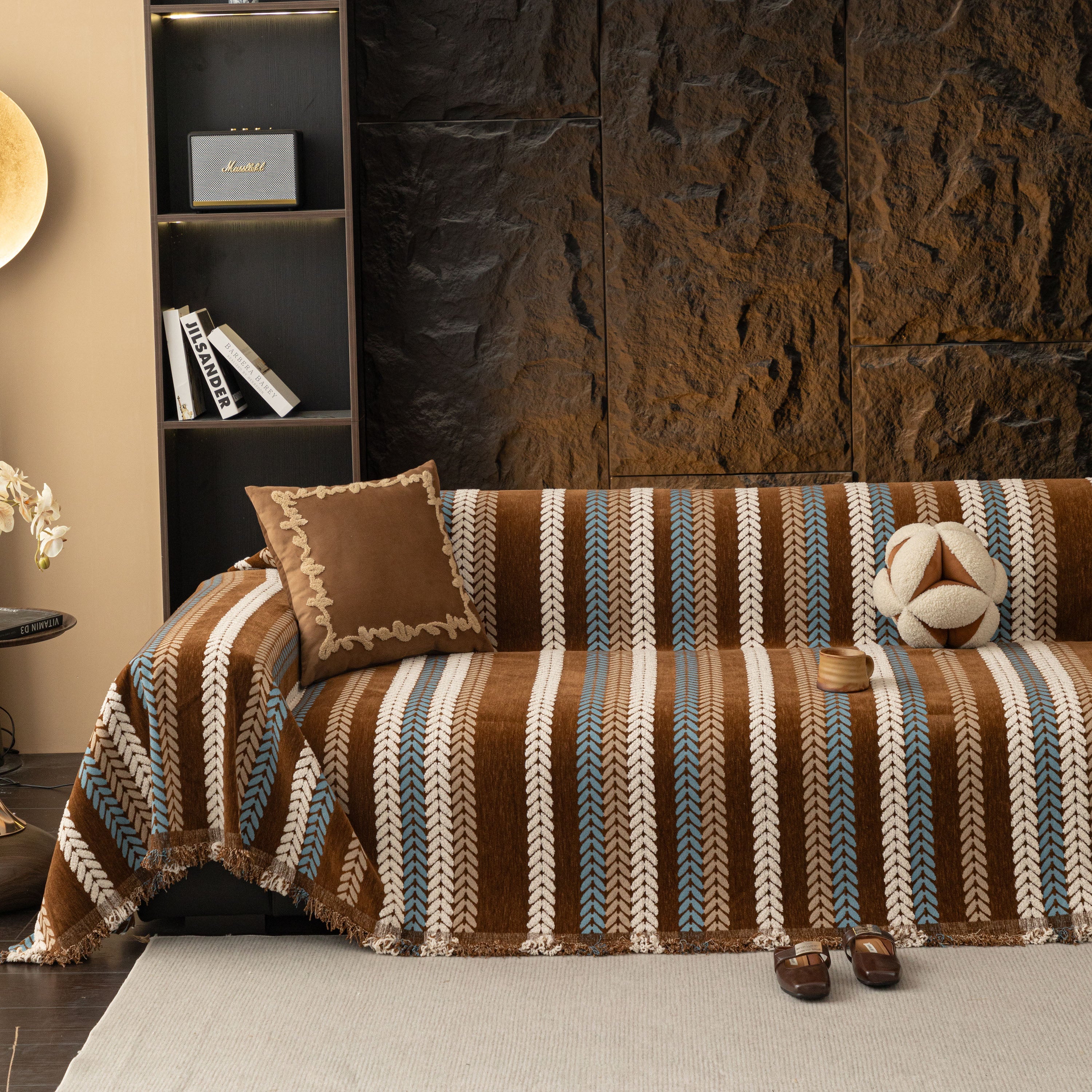 Cozy Decorative Throw Blanket For Couches, Boho Plush Woven Sofa Cover With Stripes