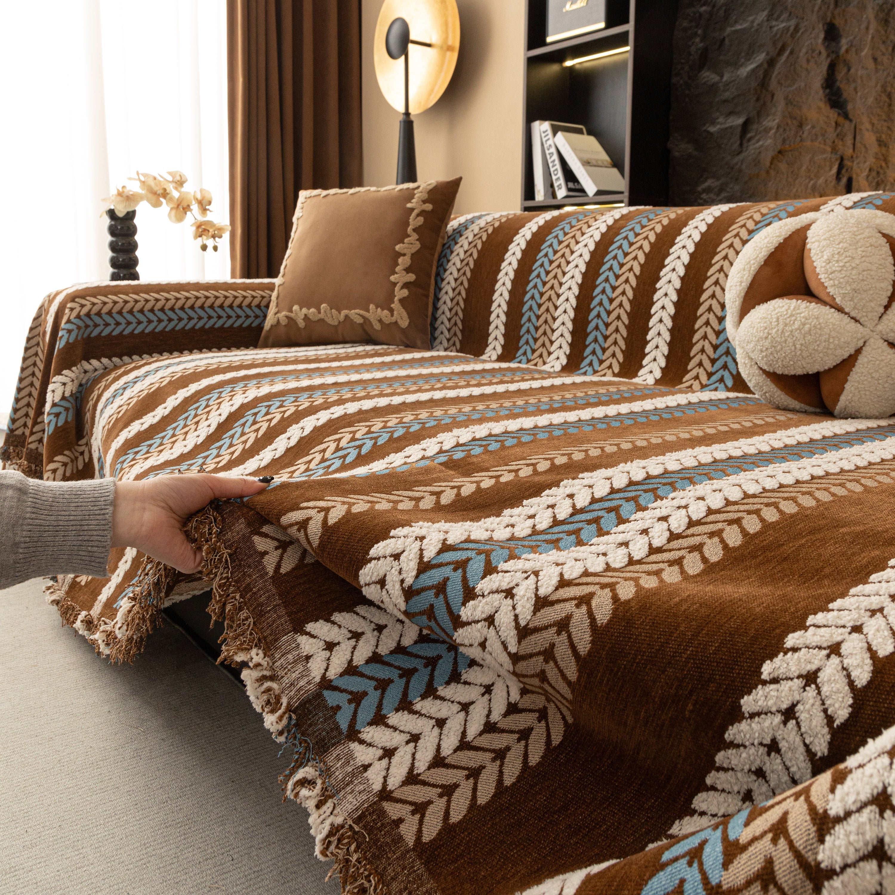 Cozy Decorative Throw Blanket For Couches, Boho Plush Woven Sofa Cover With Stripes