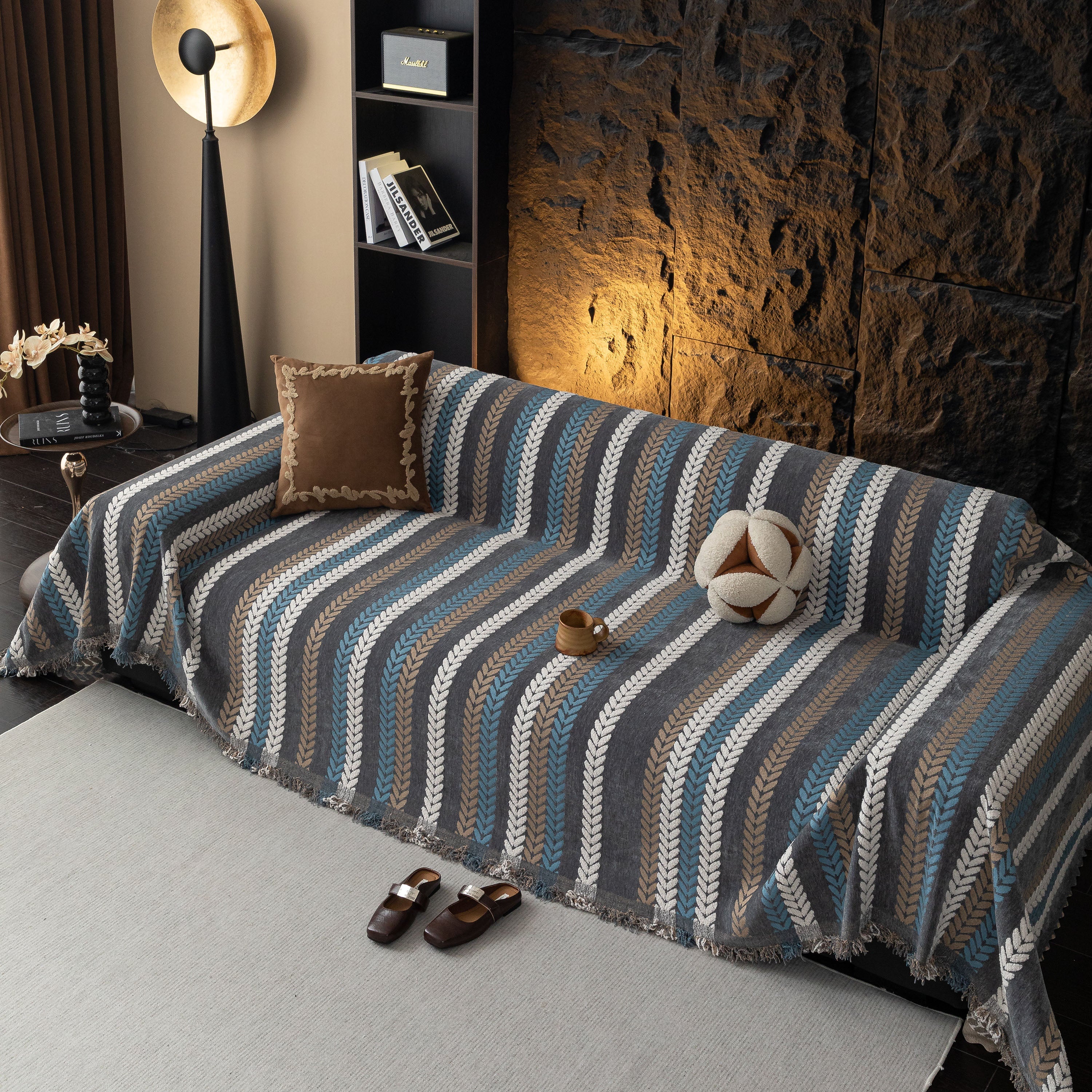 Cozy Decorative Throw Blanket For Couches, Boho Plush Woven Sofa Cover With Stripes