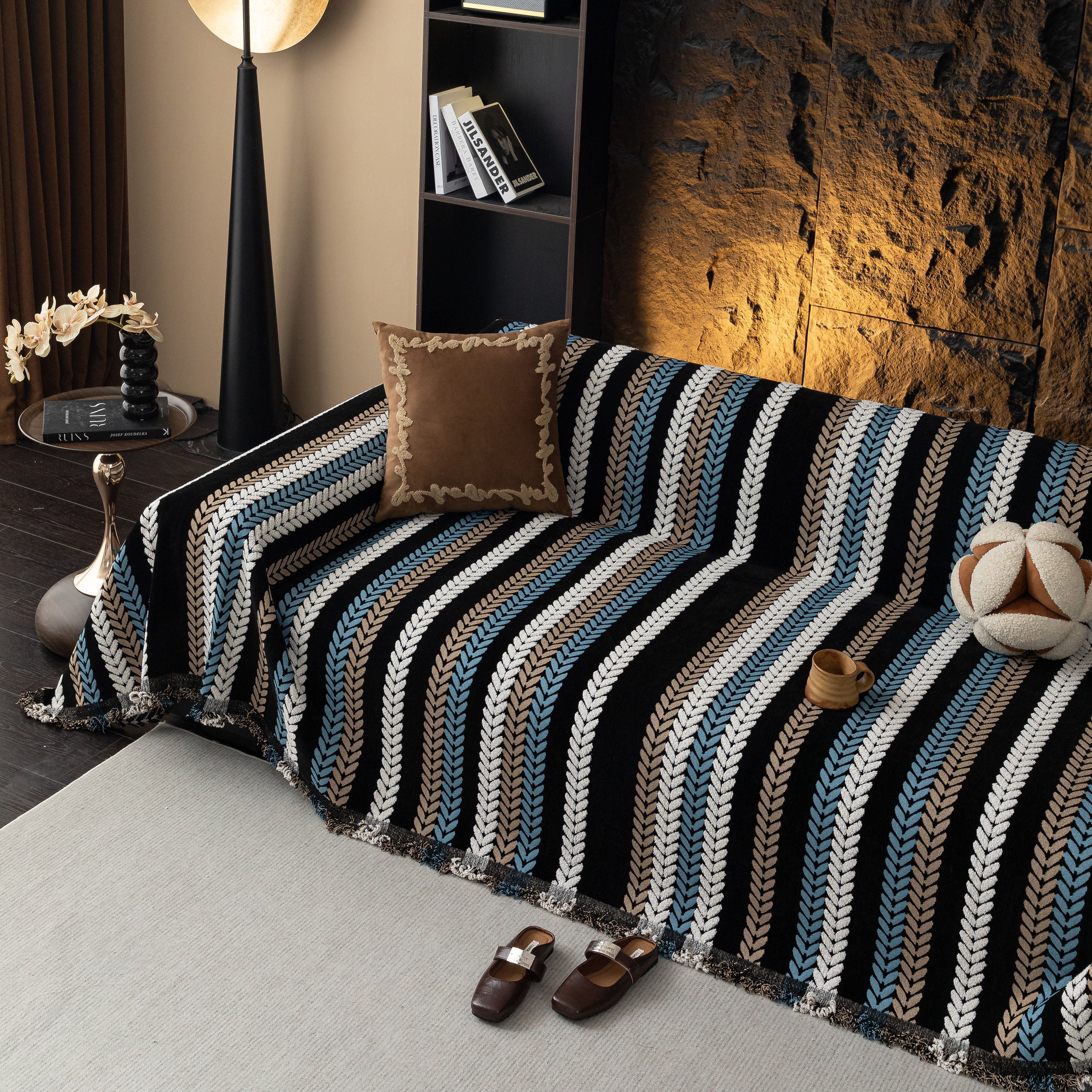 Cozy Decorative Throw Blanket For Couches, Boho Plush Woven Sofa Cover With Stripes