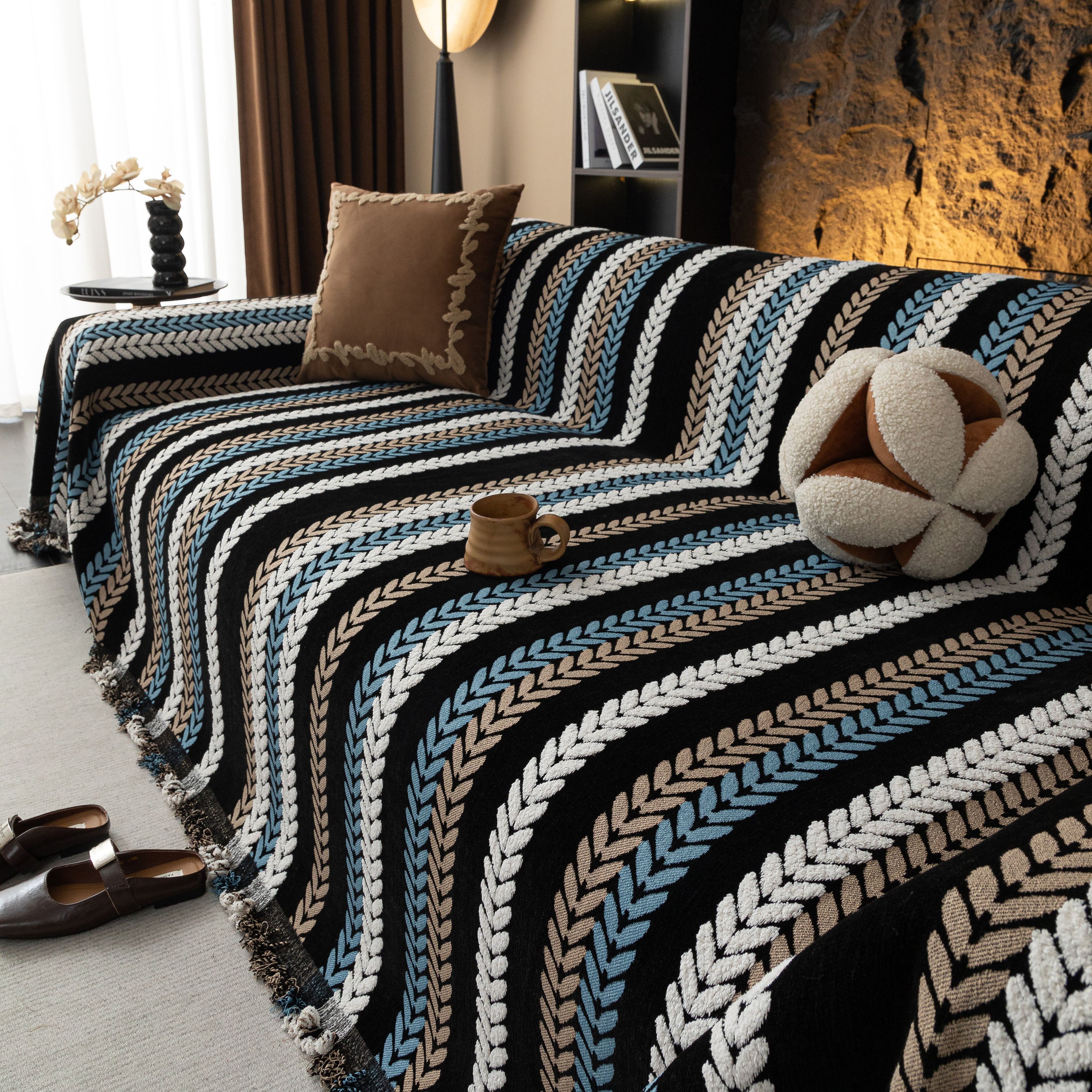 Cozy Decorative Throw Blanket For Couches, Boho Plush Woven Sofa Cover With Stripes