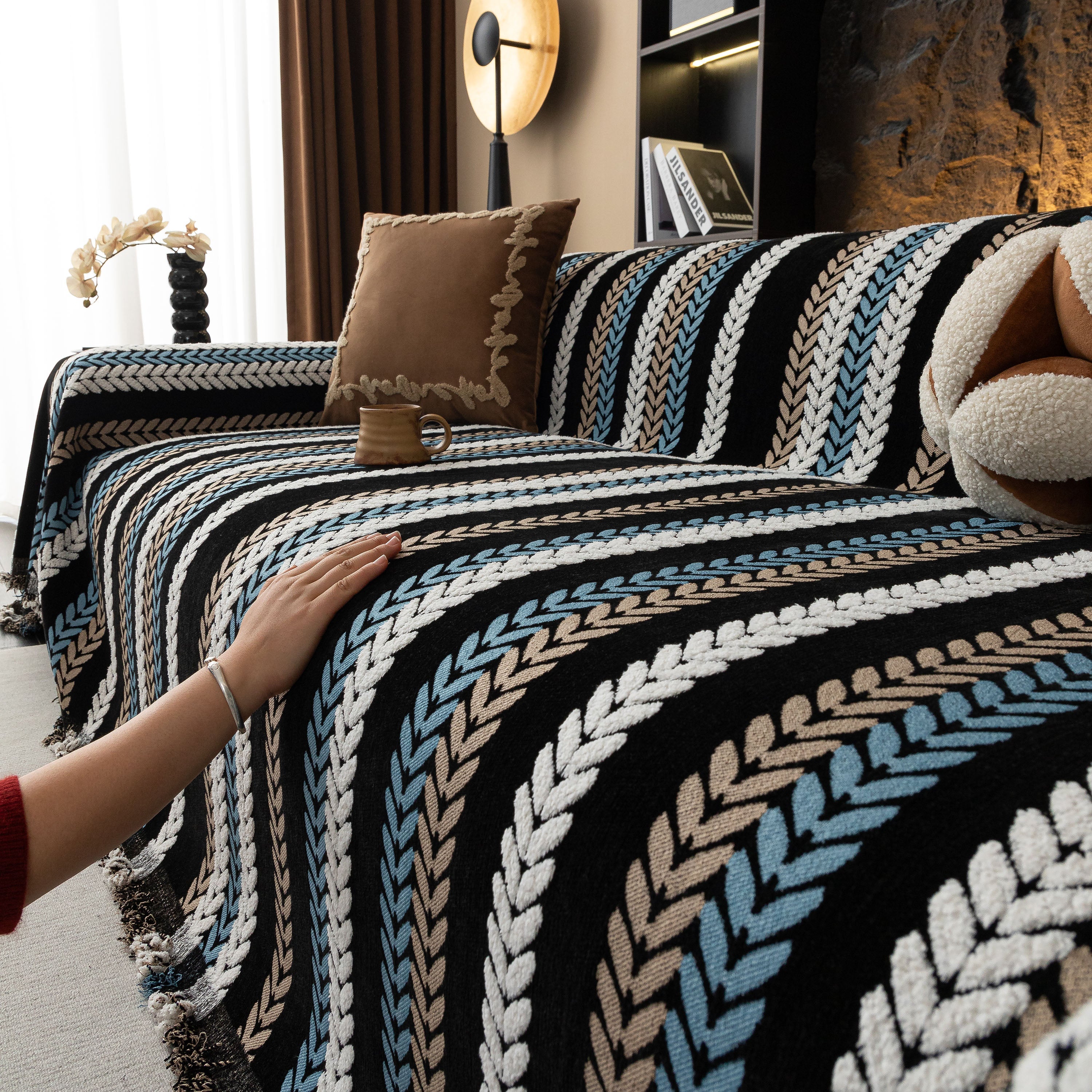 Cozy Decorative Throw Blanket For Couches, Boho Plush Woven Sofa Cover With Stripes