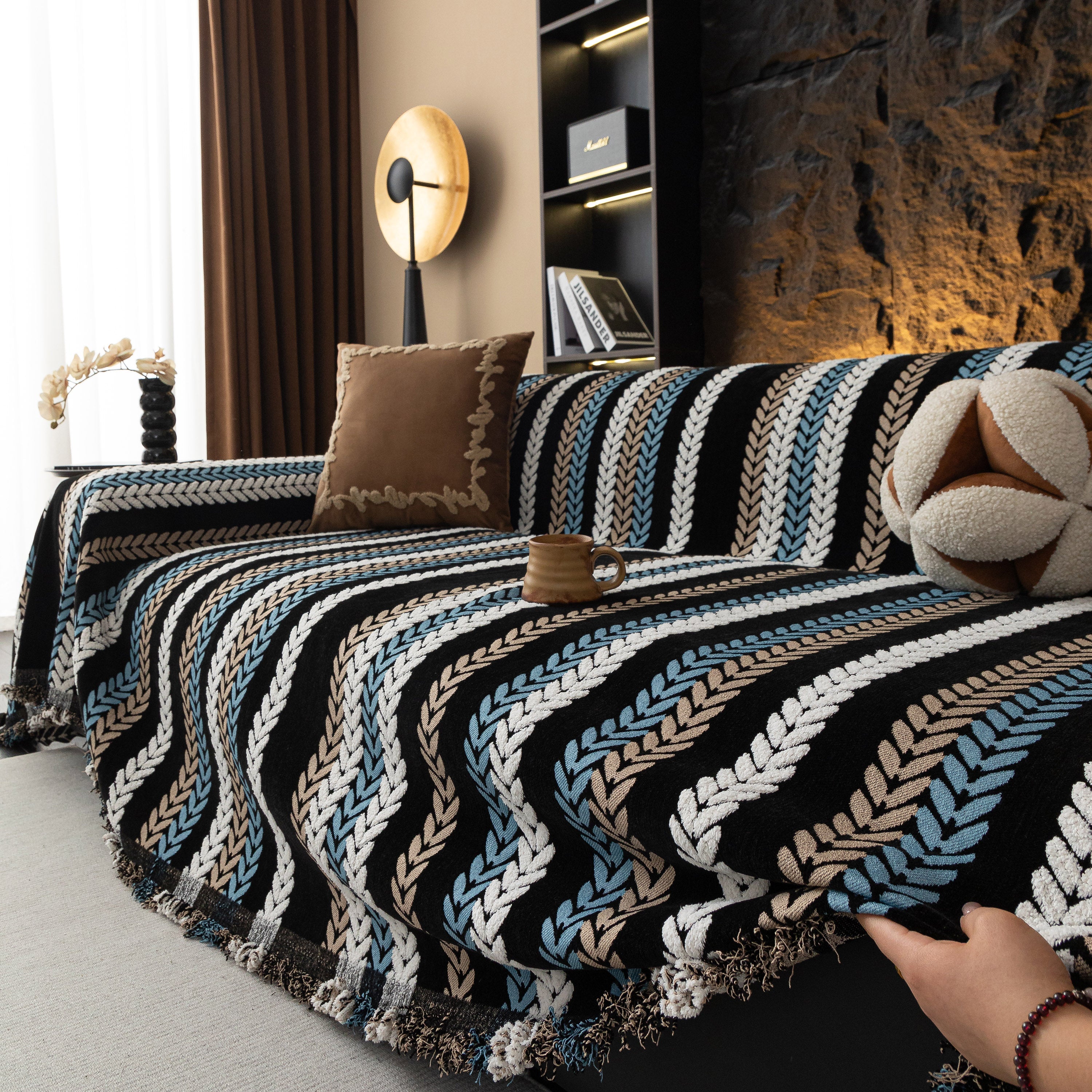 Cozy Decorative Throw Blanket For Couches, Boho Plush Woven Sofa Cover With Stripes