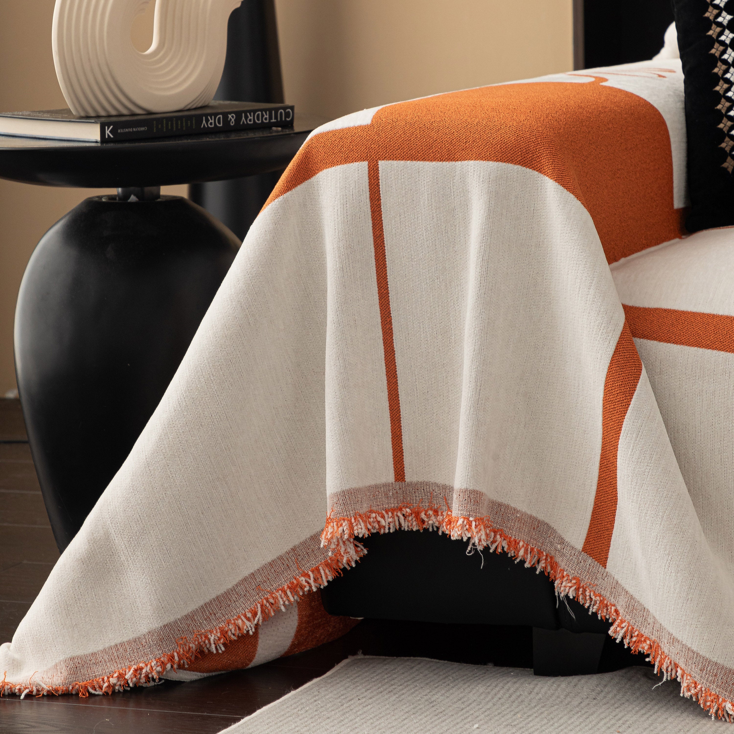 Modern Plaid Heavy Duty Sofa Throw Blanket, Boho Farmhouse Couch Cover With Tassel