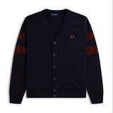 Fred Perry Merino Wool & Cotton Textured Tipping Regular Fit V Neck Cardigan Navy Size S