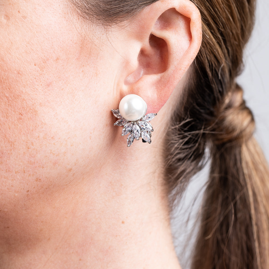 CZ Cluster And Pearl Clip Earrings
