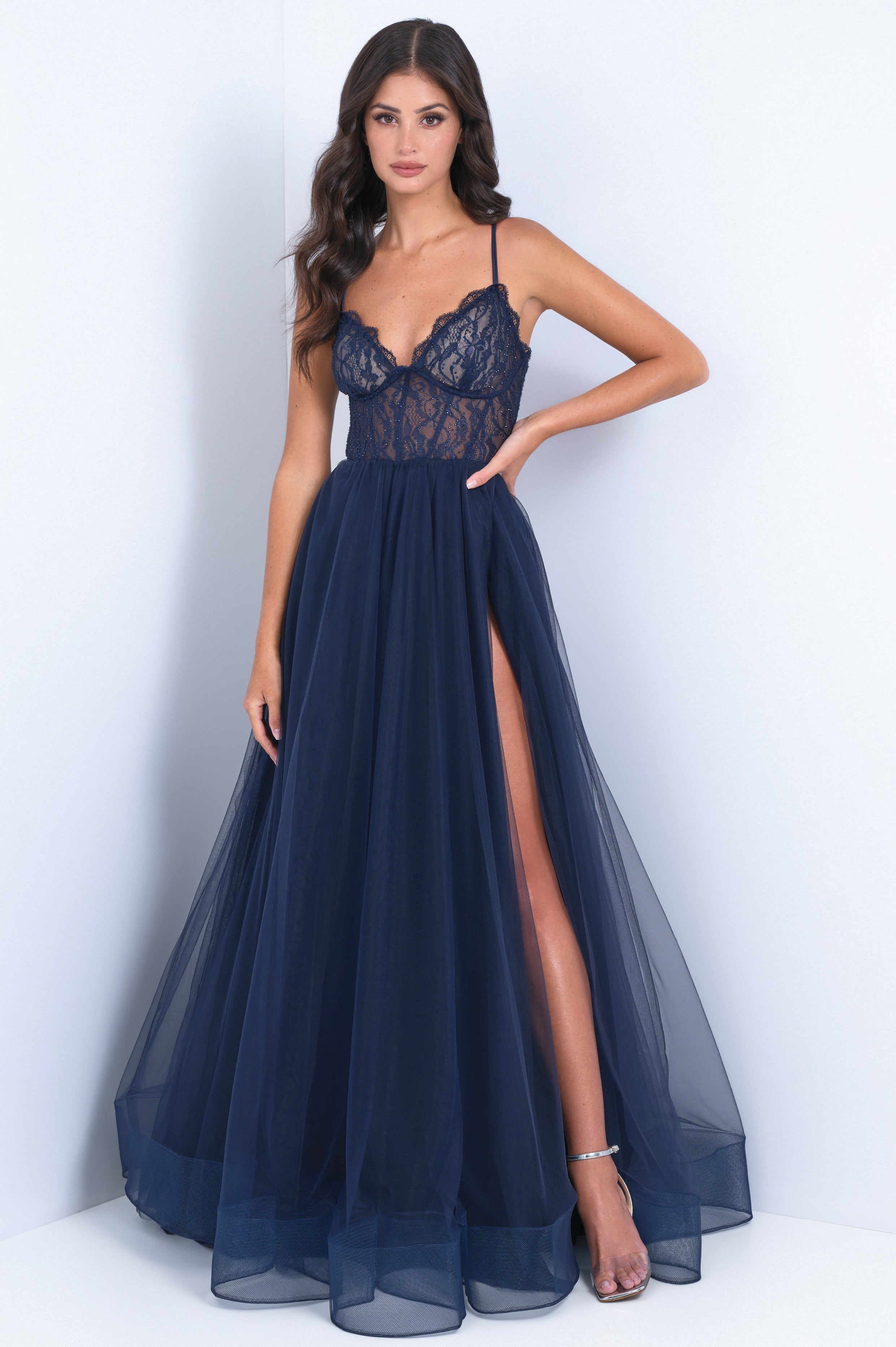 Dani Gown - Navy - Tulle A-line Lace Dress