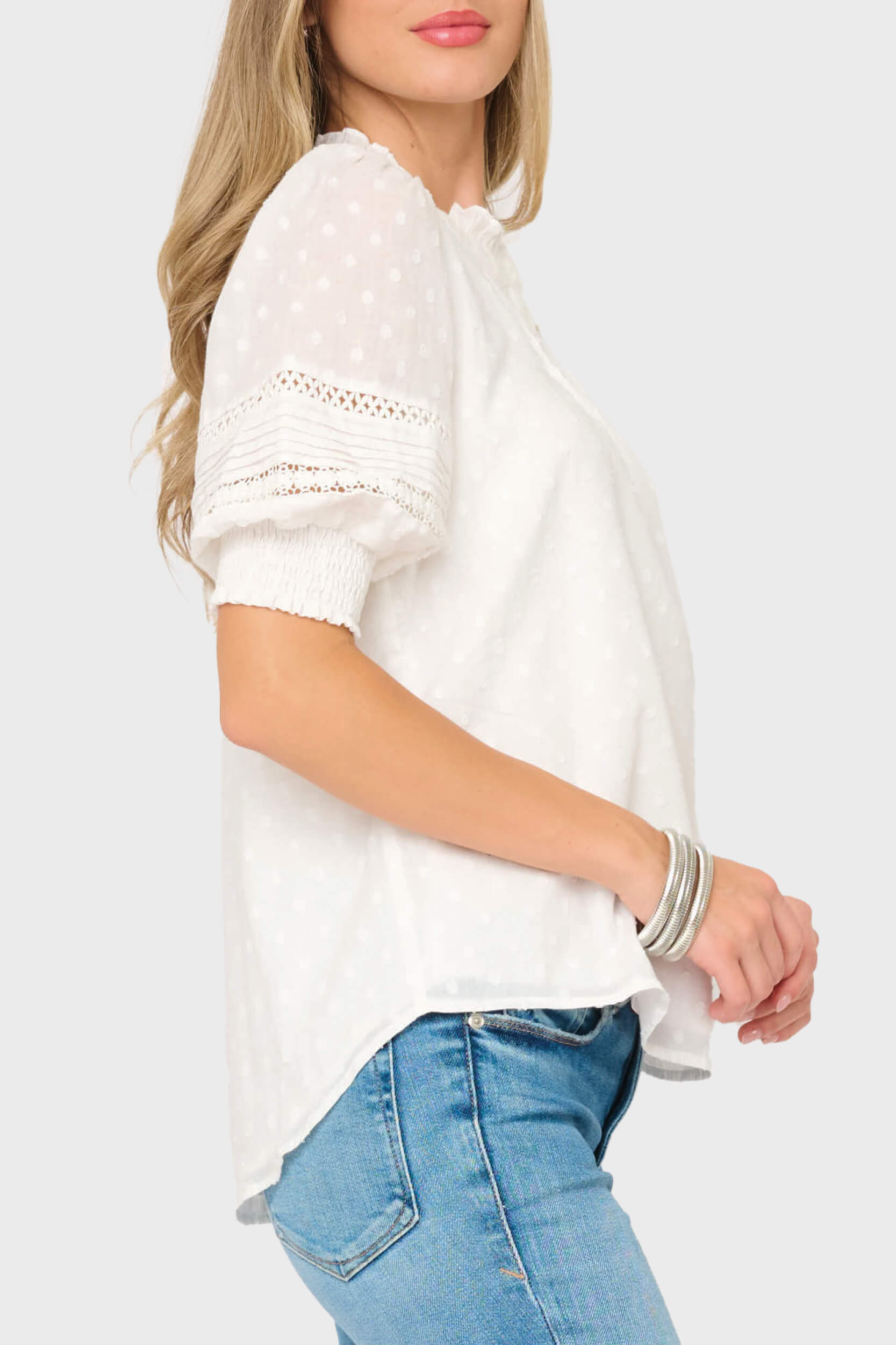 Dianthus Henley Puff Sleeve Pleated Blouse