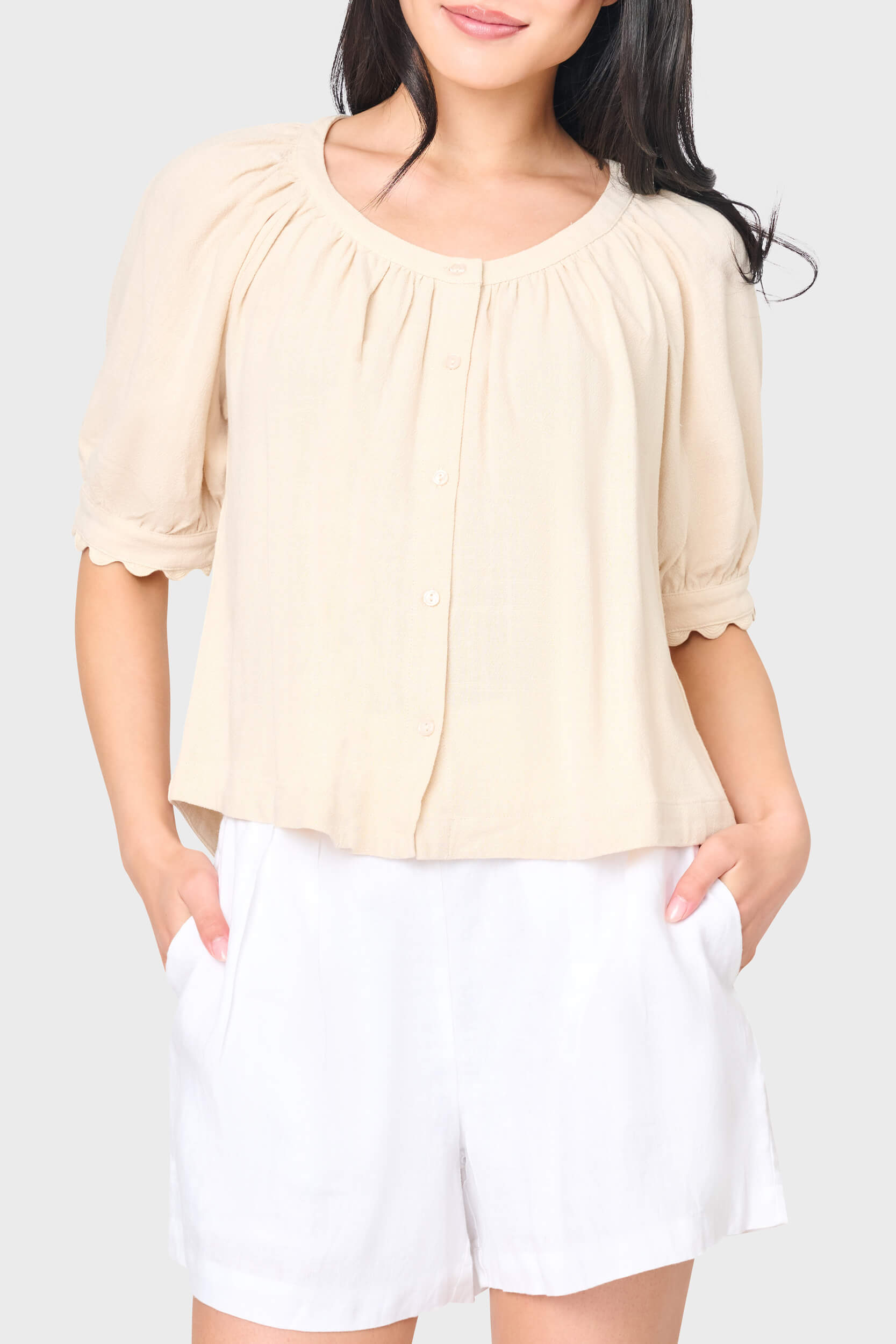 Lily Scallop Puff Sleeve Linen Top