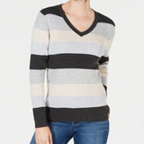 Karen Scott Women's Colorblocked V-Neck Cotton Sweater Brown Size Medium