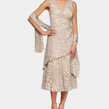 Alex Evenings Women's Printed Tiered Hem Dress & Shawl Brown Size 14