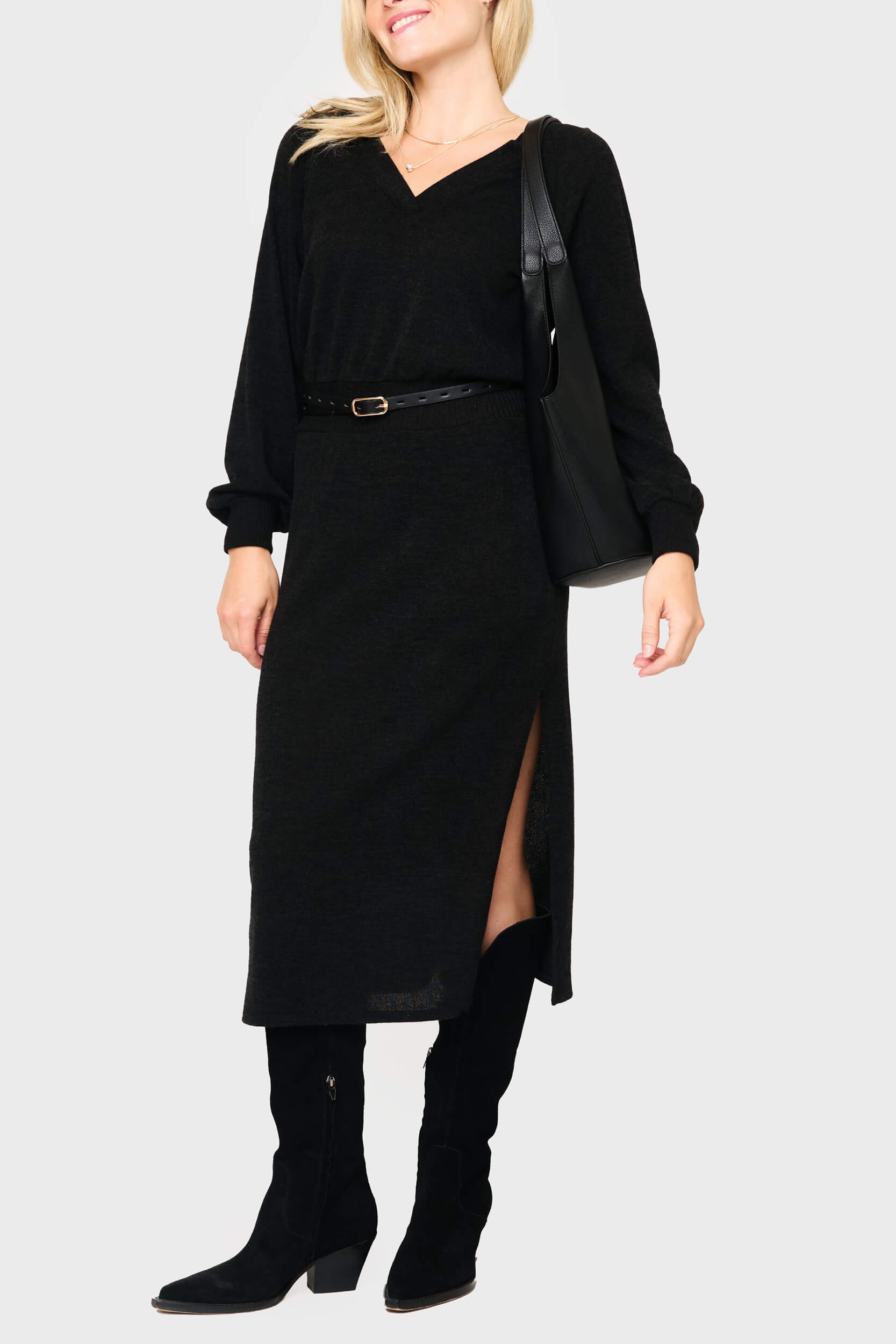 Long Sleeve V-neck Midi Sweater Dress