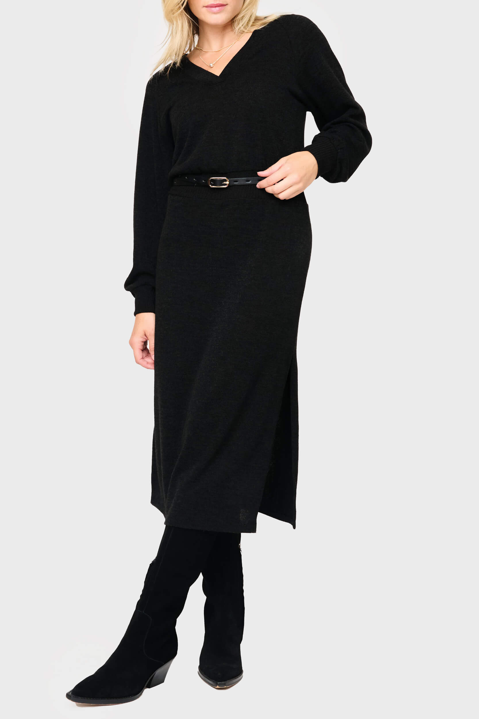 Long Sleeve V-neck Midi Sweater Dress