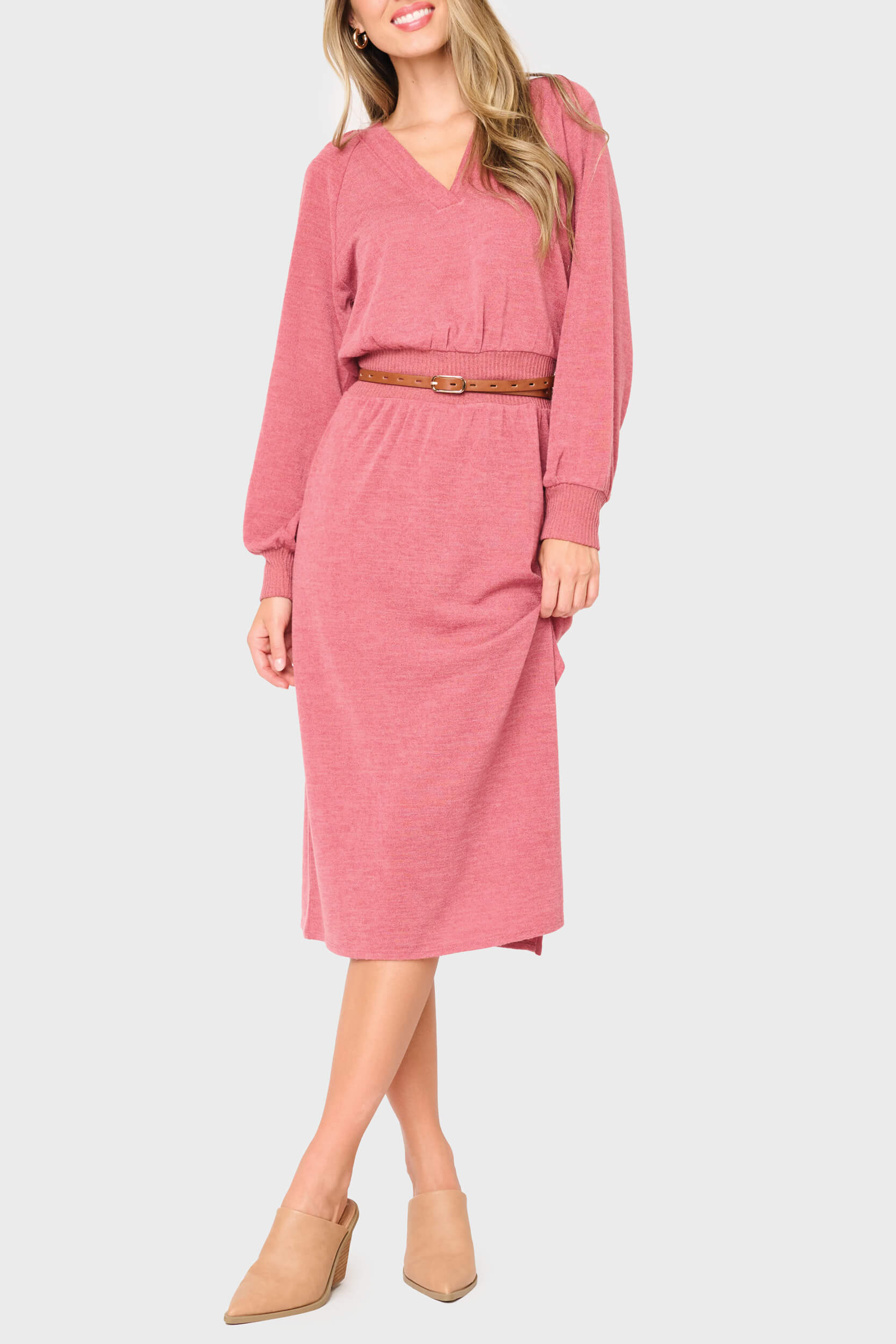 Long Sleeve V-neck Midi Sweater Dress