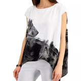 Alfani Women's Abstract-Print Asymmetrical-Hem Top Gray Size Large