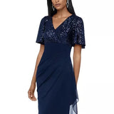 XSCAPE Women's Petite Sequined A-Line Gown Navy Size 4 P