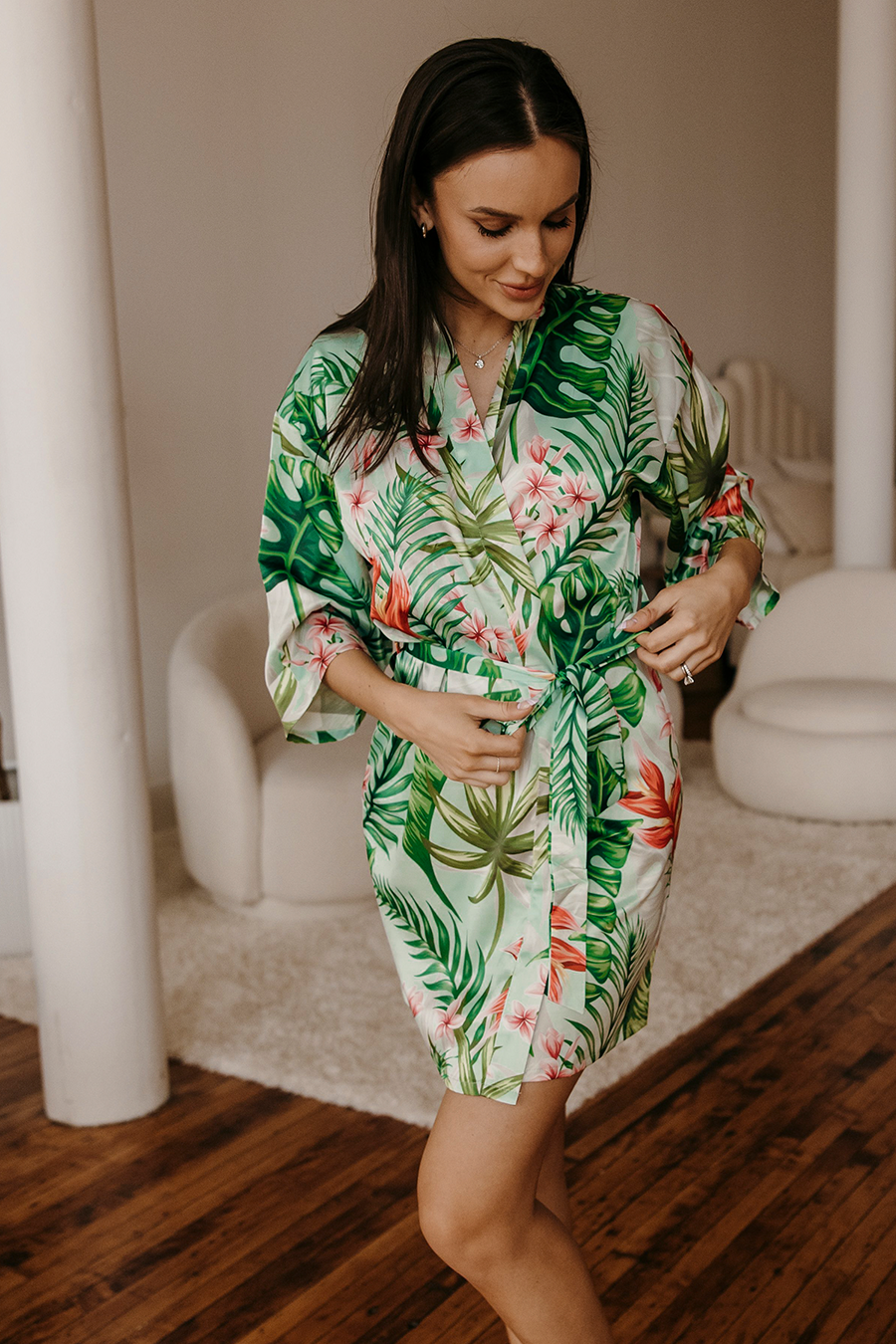 Mint Tropical Satin Robe | Includes Plus Size