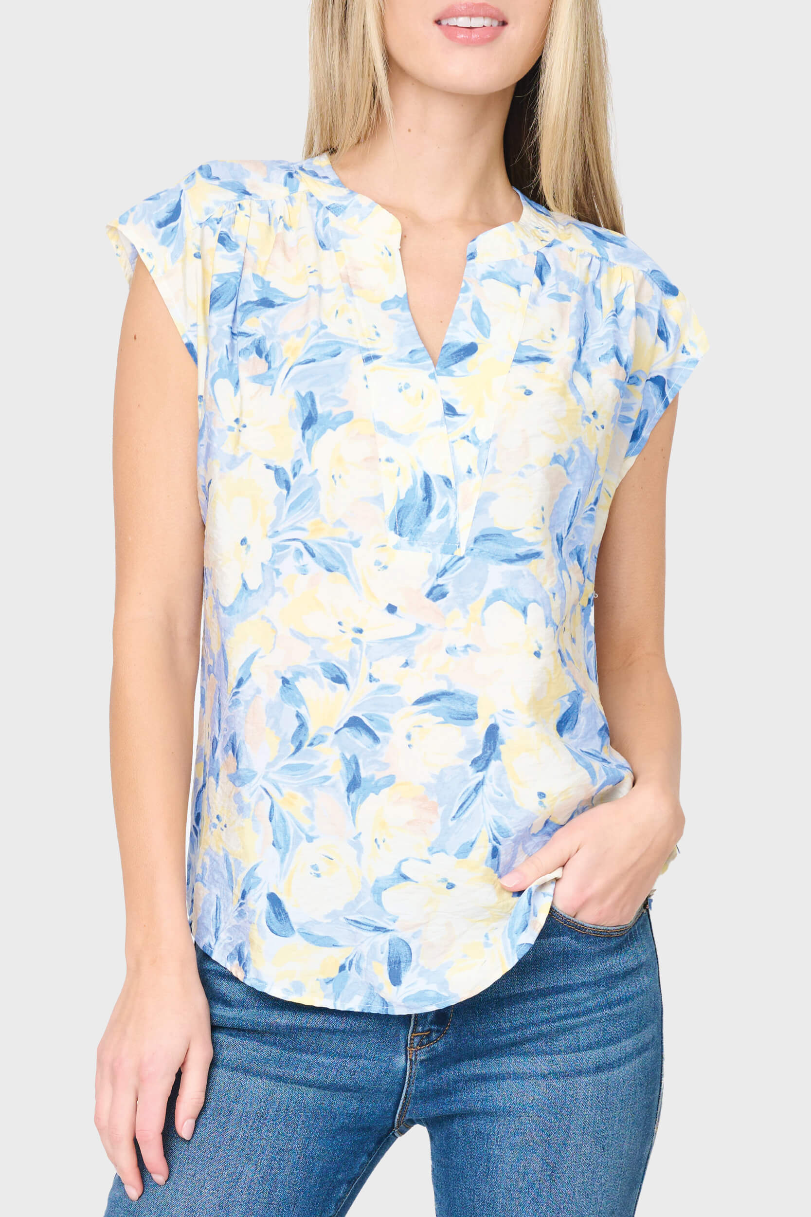Cap Sleeve Notch Neck Blouse