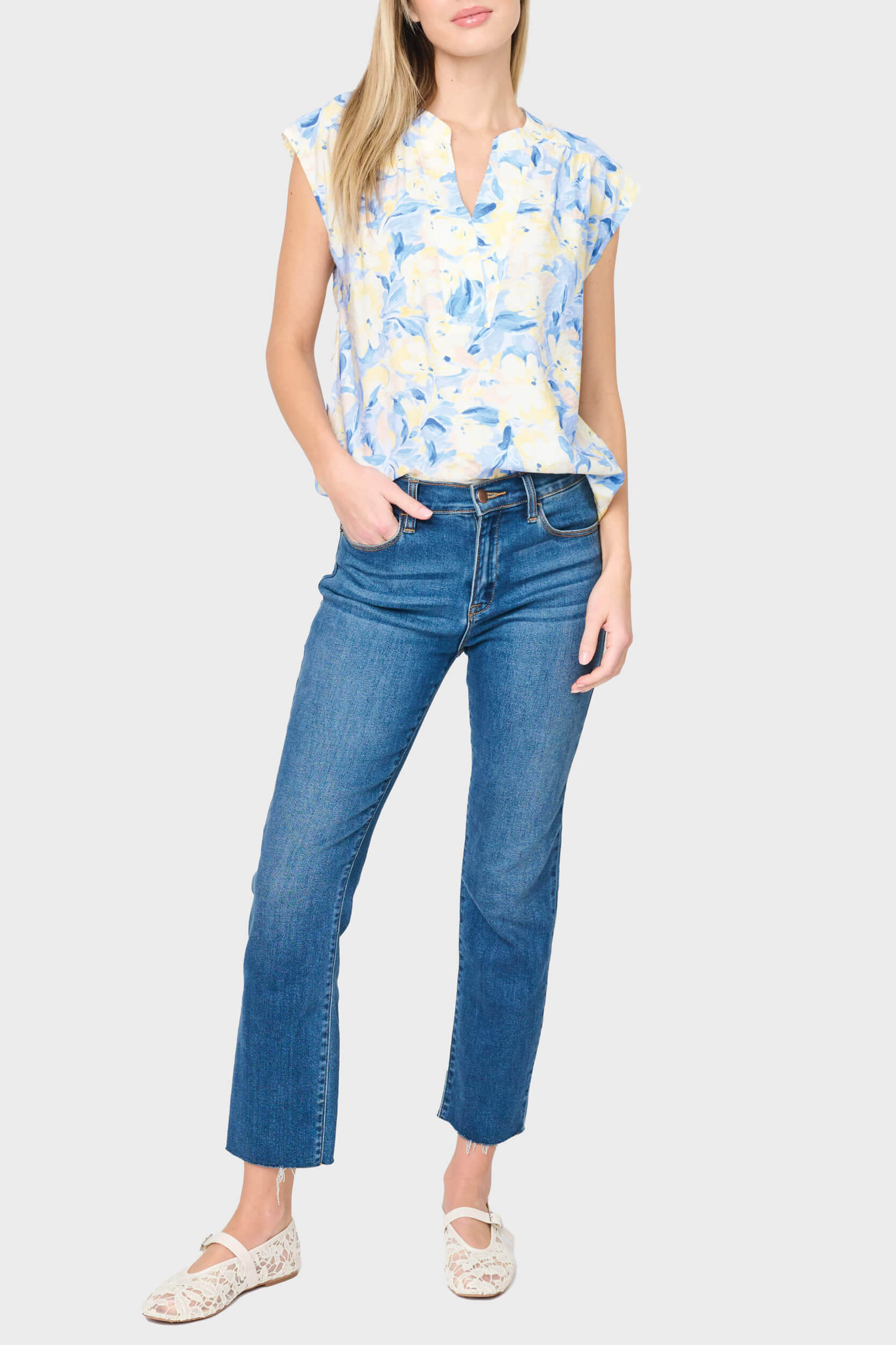Cap Sleeve Notch Neck Blouse