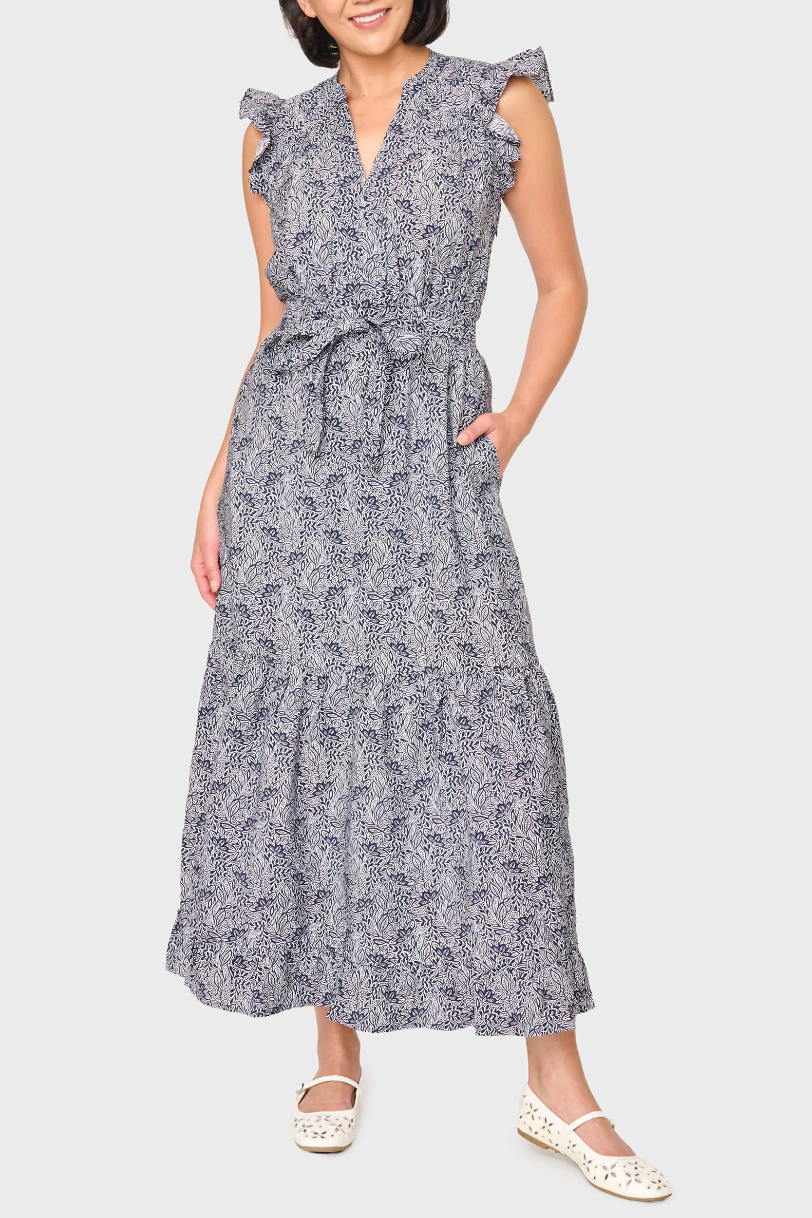 Notch Neck Flutter Sleeve Maxi Dress