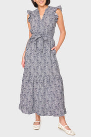 Notch Neck Flutter Sleeve Maxi Dress