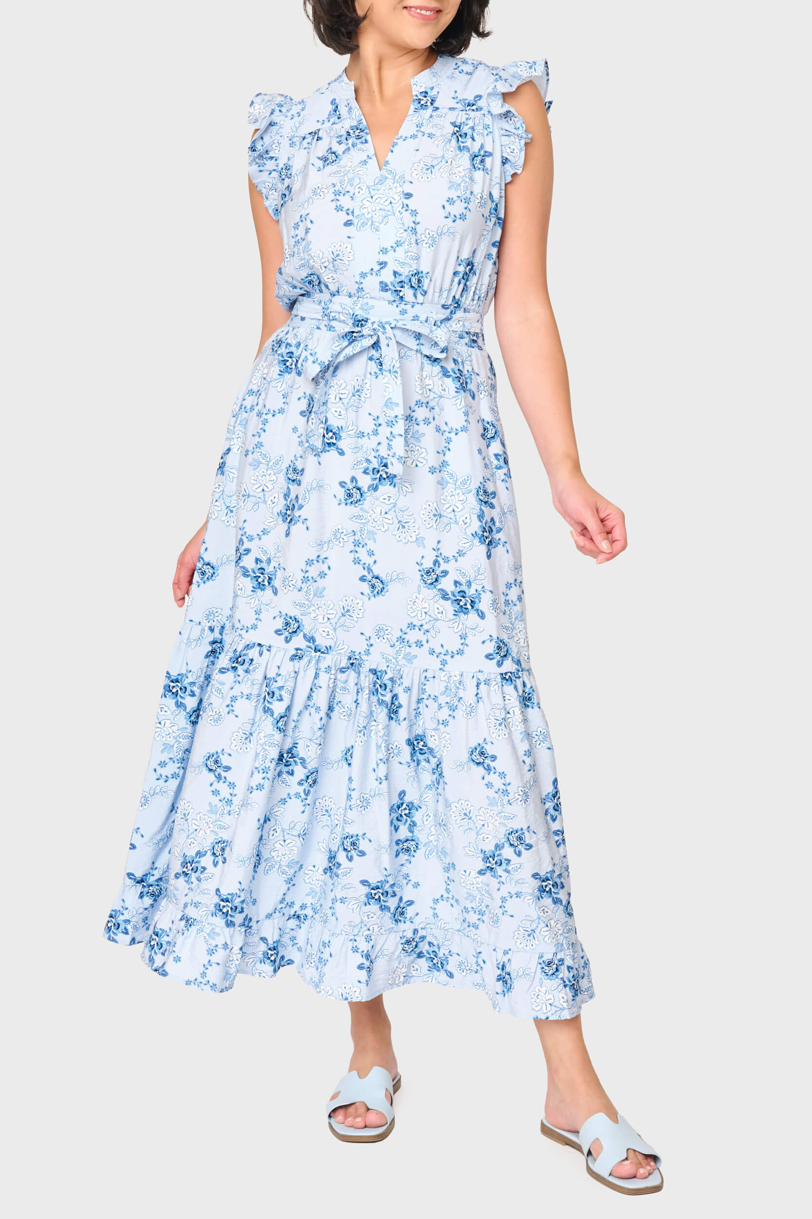 Notch Neck Flutter Sleeve Maxi Dress