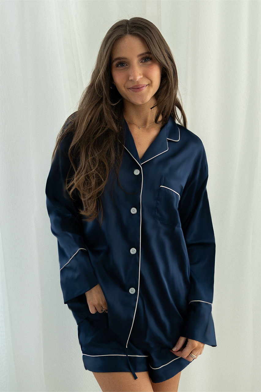 Navy Long Sleeve Top And Shorts Set With White Trim