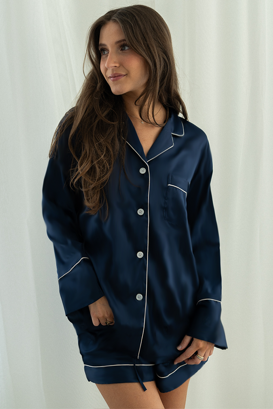 Navy Long Sleeve Top And Shorts Set With White Trim