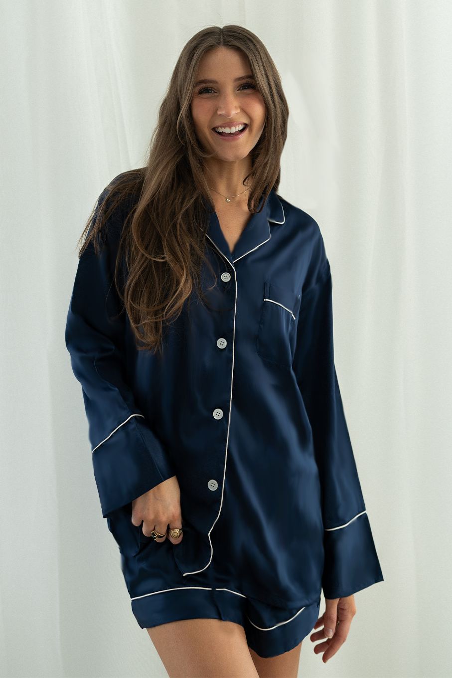 Navy Long Sleeve Top And Shorts Set With White Trim