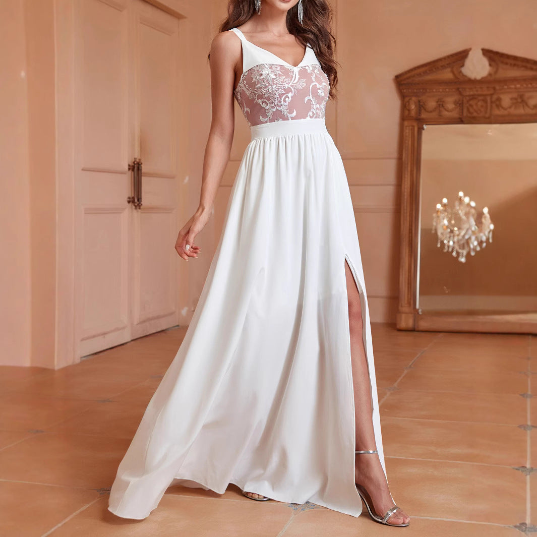 V Neck Brace Elegant Slim Long Slit Backless Women Long Prom Dress