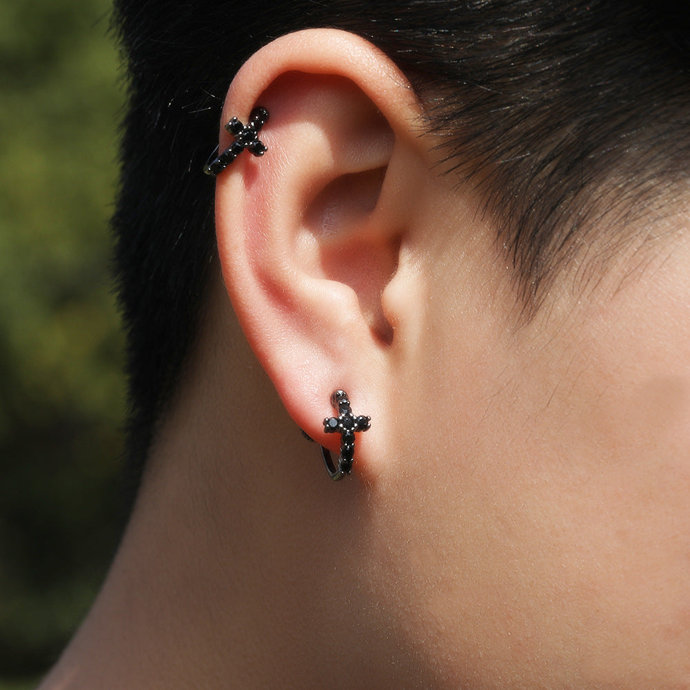 Hip Hop Zircon Black Spiral Clasp Cross Earrings