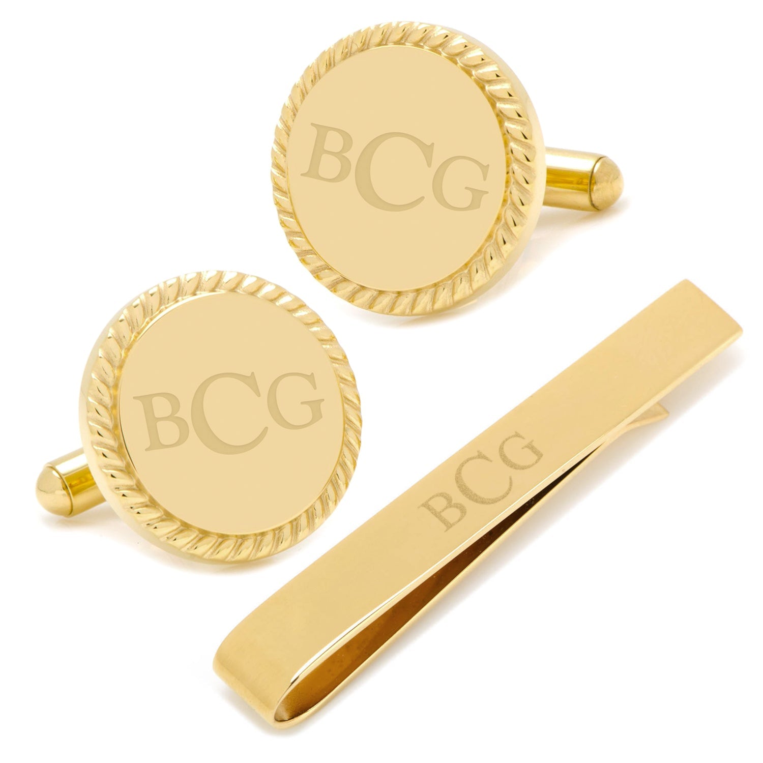 Engravable Gold Plated Rope Border Round Cufflinks And Tie Bar Gift Set