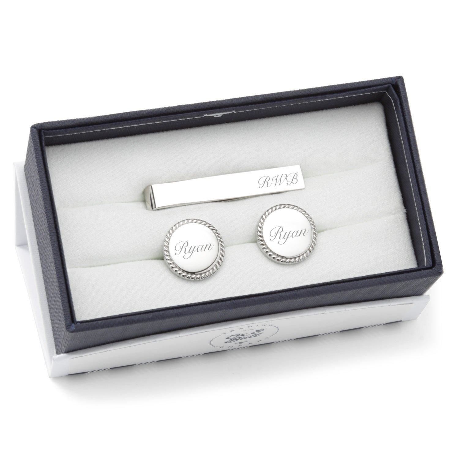 Engravable Rope Border Round Cufflinks And Tie Bar Gift Set