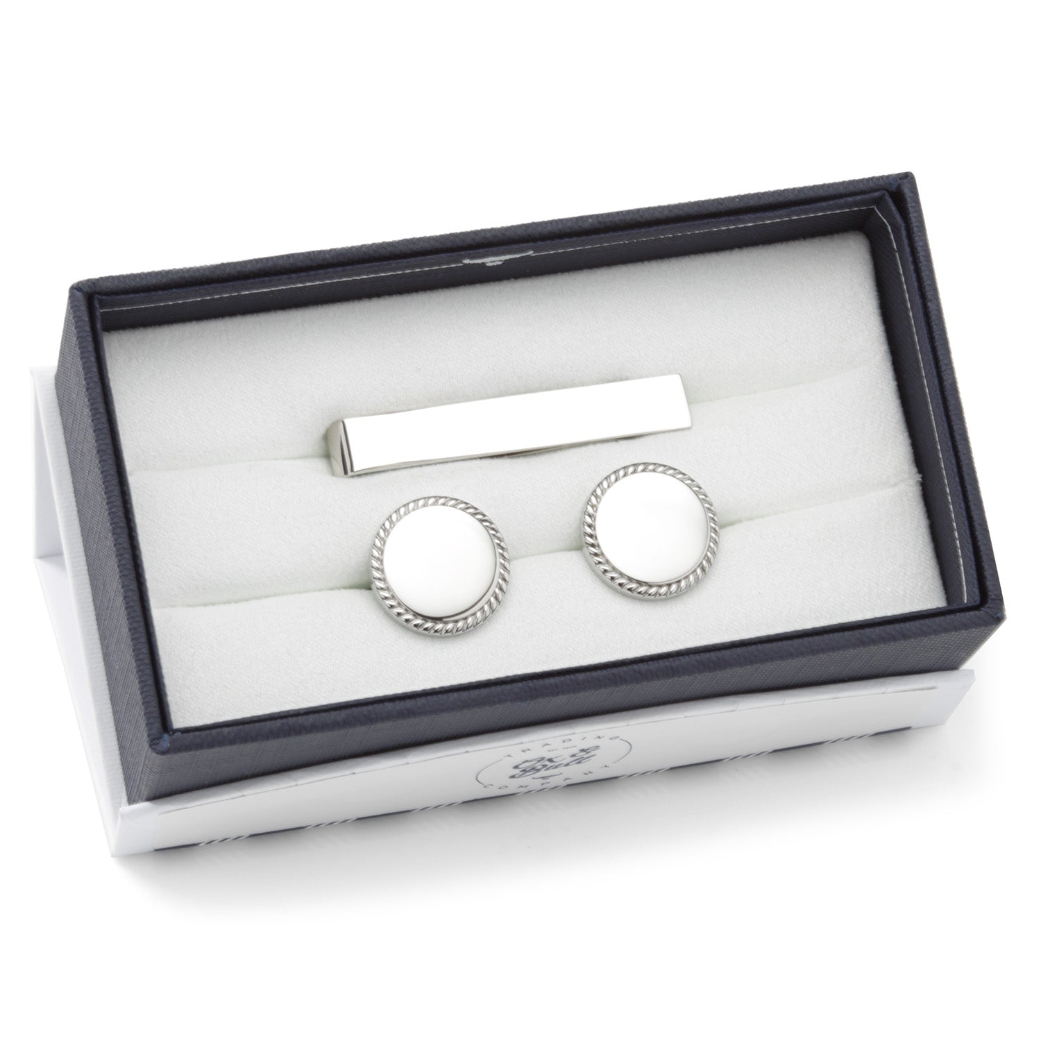 Engravable Rope Border Round Cufflinks And Tie Bar Gift Set