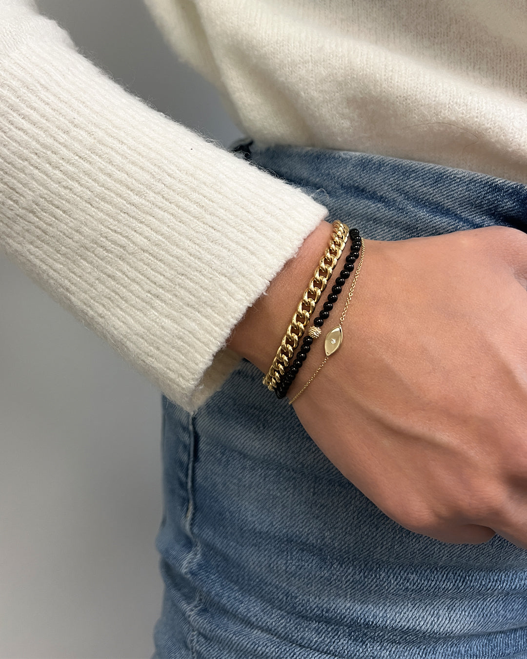 3mm Black Onyx Bead Bracelet with Diamond Bead