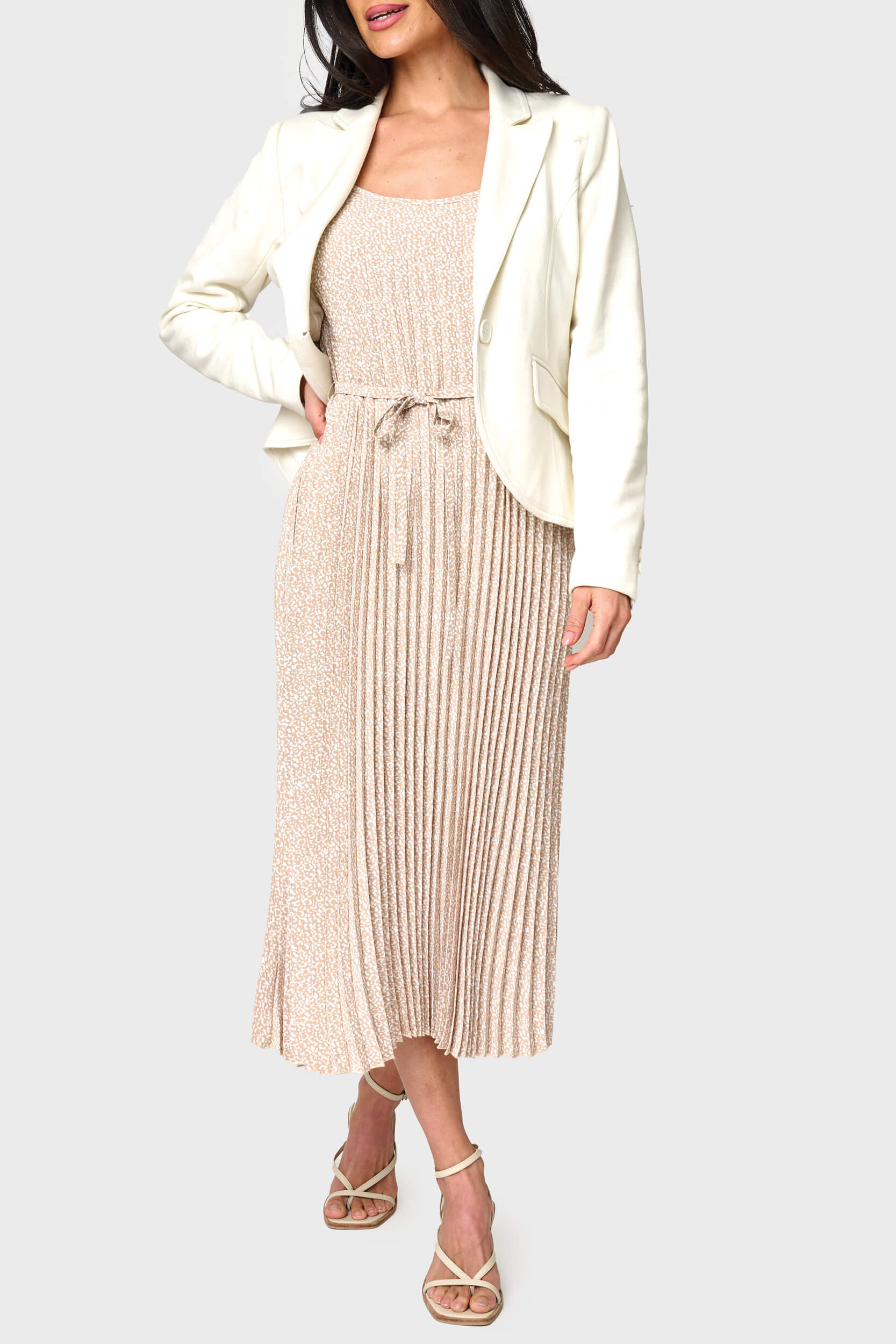 Adjustable Strap Pleated Midi Dress With Belt