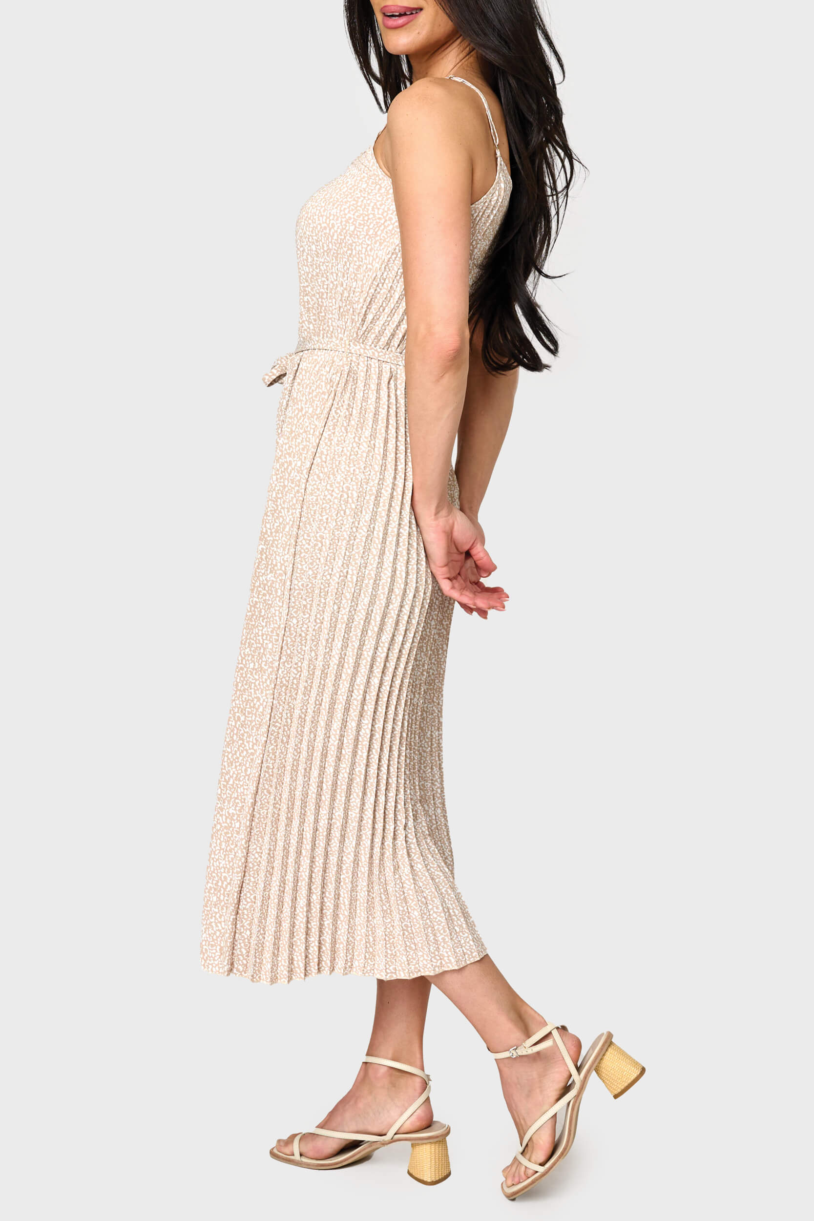 Adjustable Strap Pleated Midi Dress With Belt