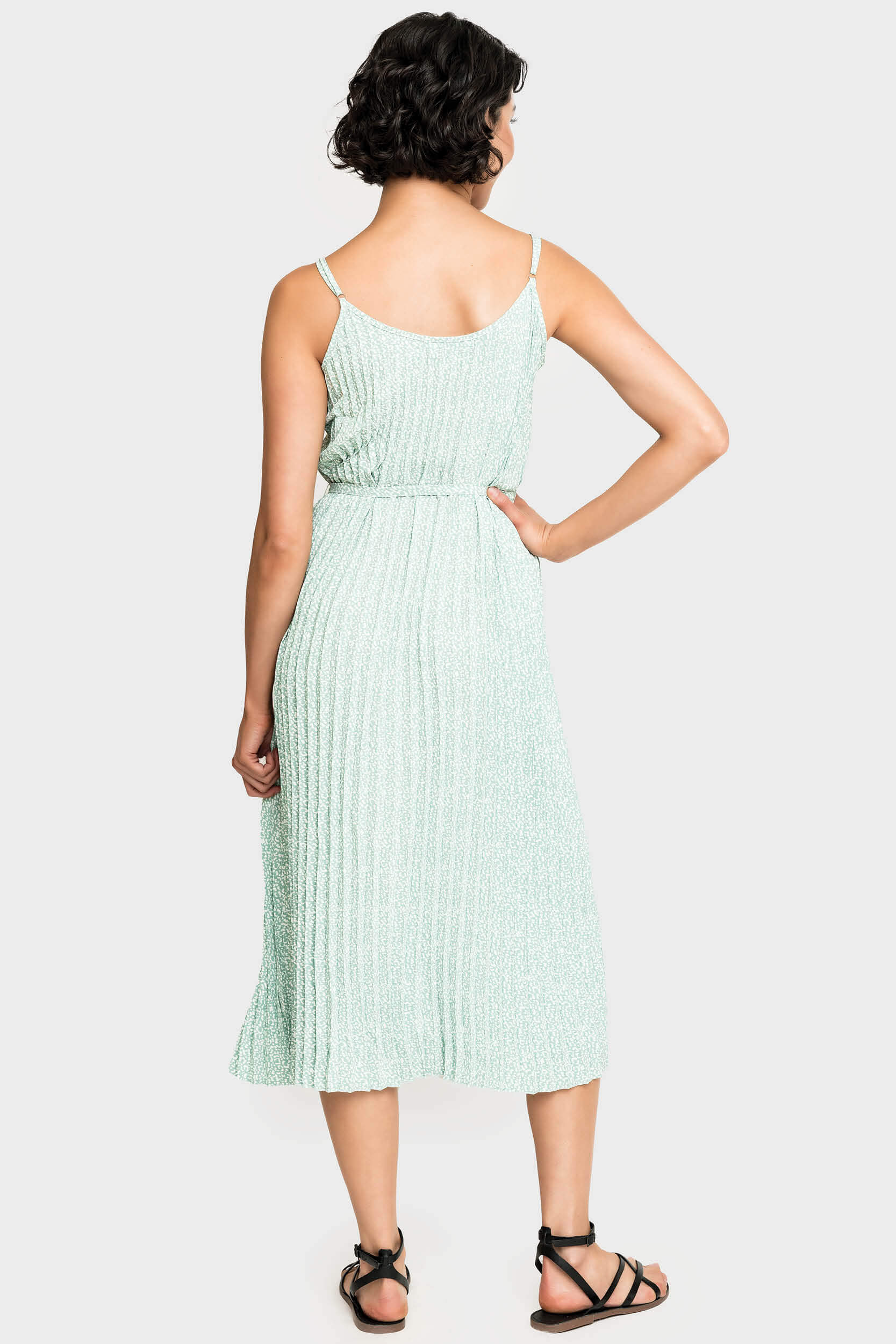 Adjustable Strap Pleated Midi Dress With Belt