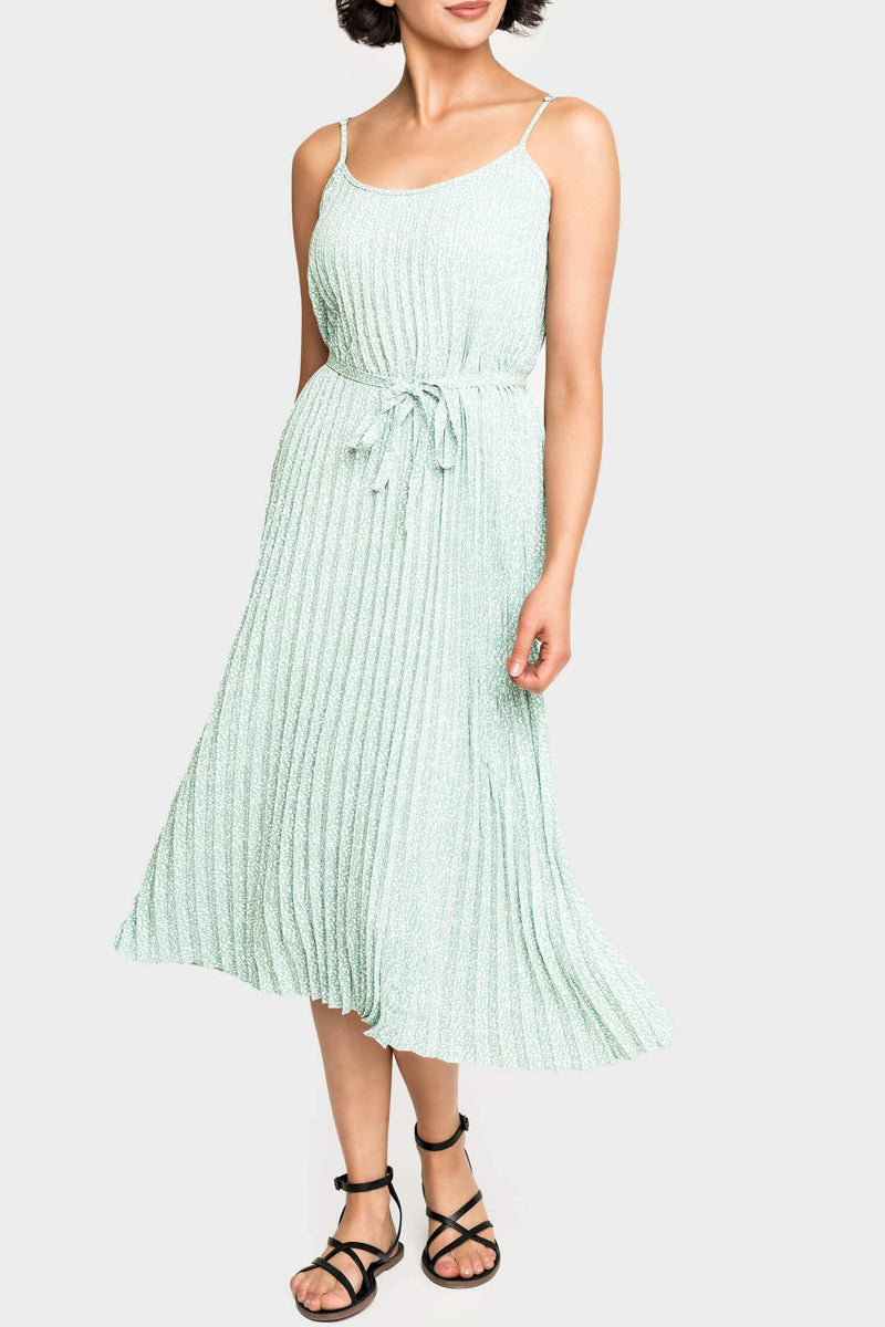 Adjustable Strap Pleated Midi Dress With Belt