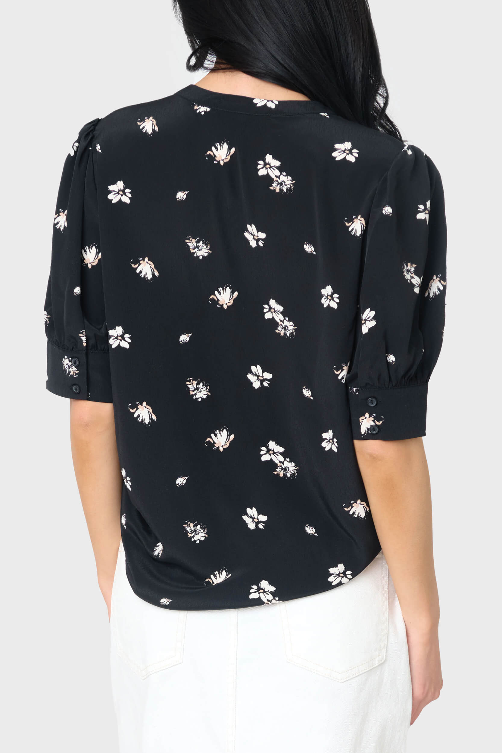 Woven Henley Blouse With Puff Sleeve